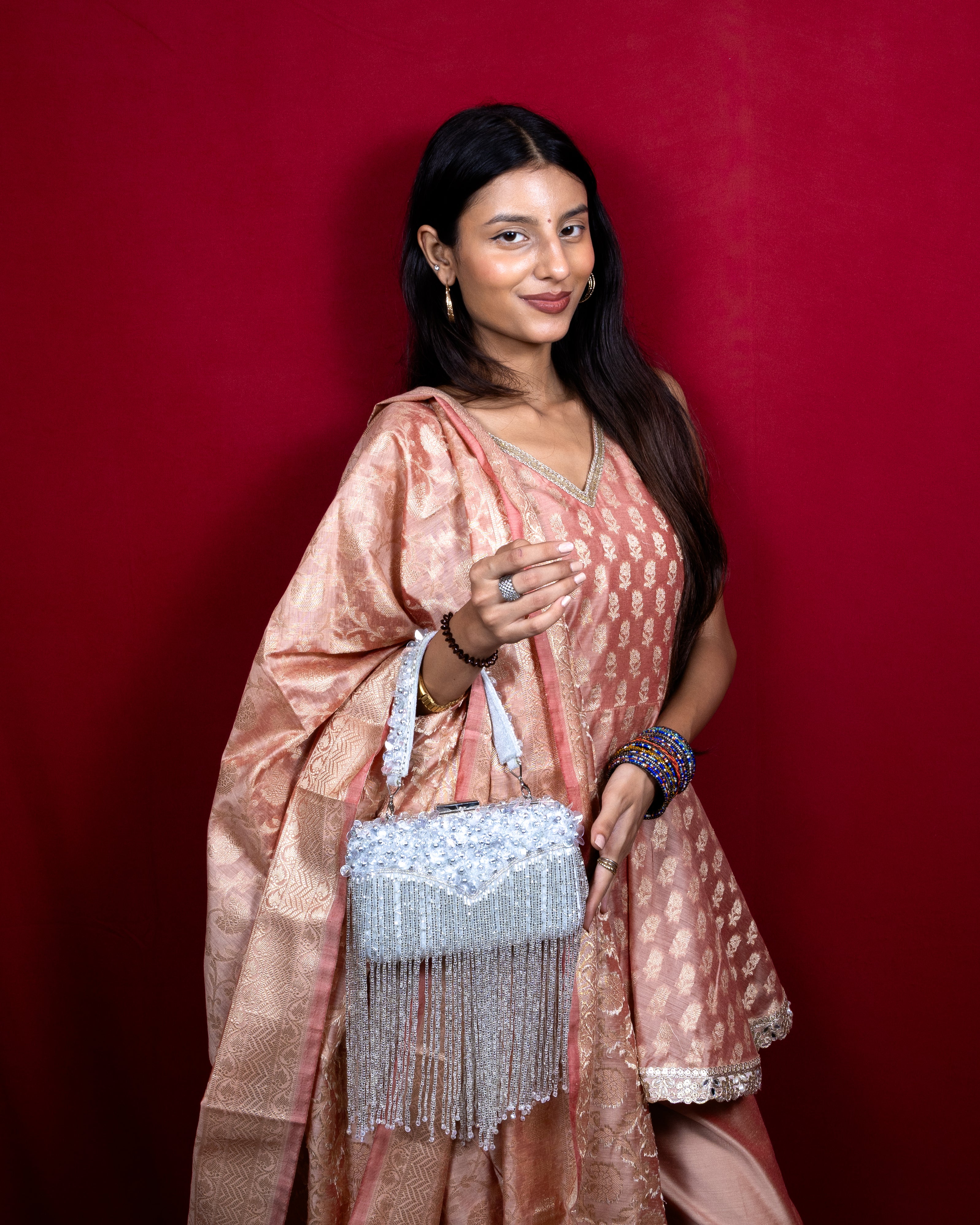 Magnolia-Luxe Silver Clutch with Embellished Fringe Detail