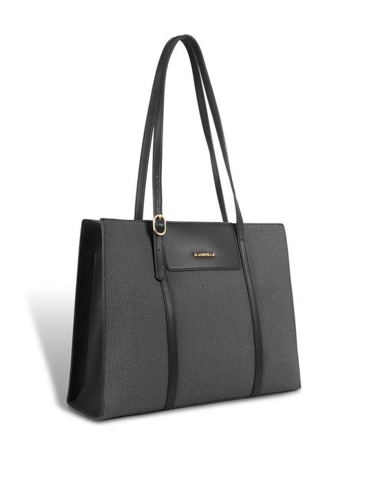 Magnolia Structured Black Tote Bag for Women | PU Leather & Fabric Combo | 12L Work & Everyday Handbag