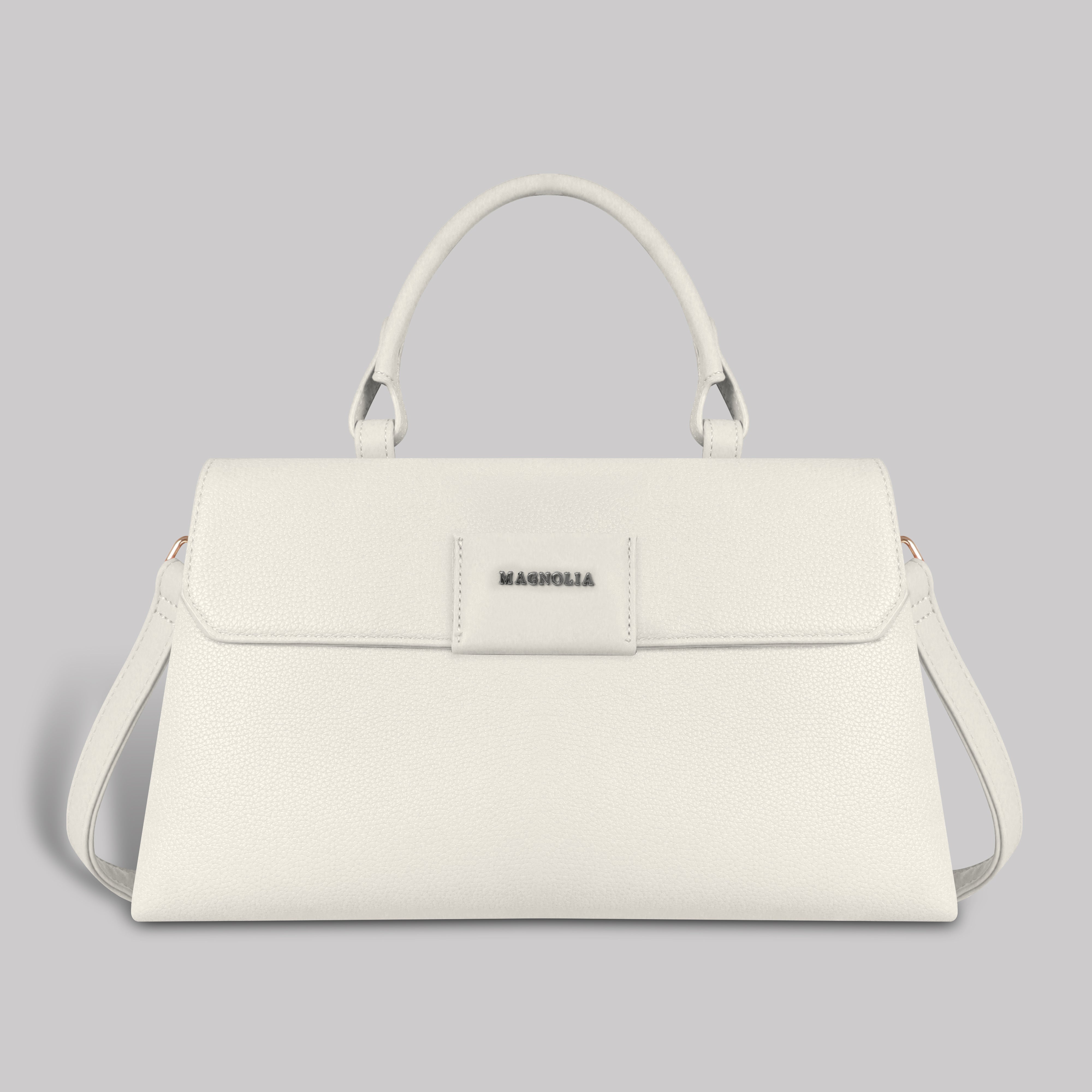 Magnolia Off-White Vegan Leather Handbag for Women | 12L Spacious Everyday & Work Bag with Long Strap