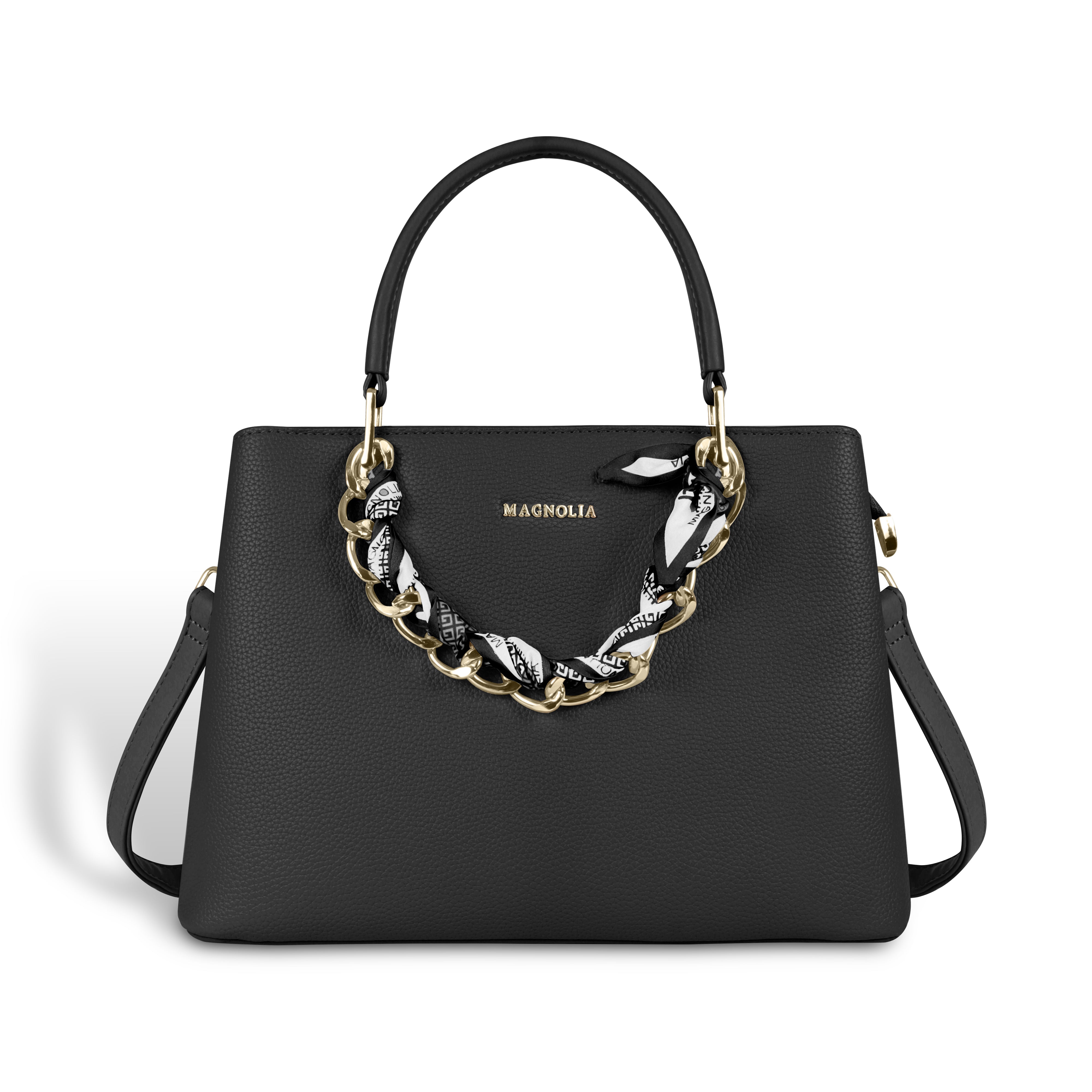 Magnolia Elegant Textured Handbag with Scarf Chain Handle – Black – Small Structured PU Leather Bag