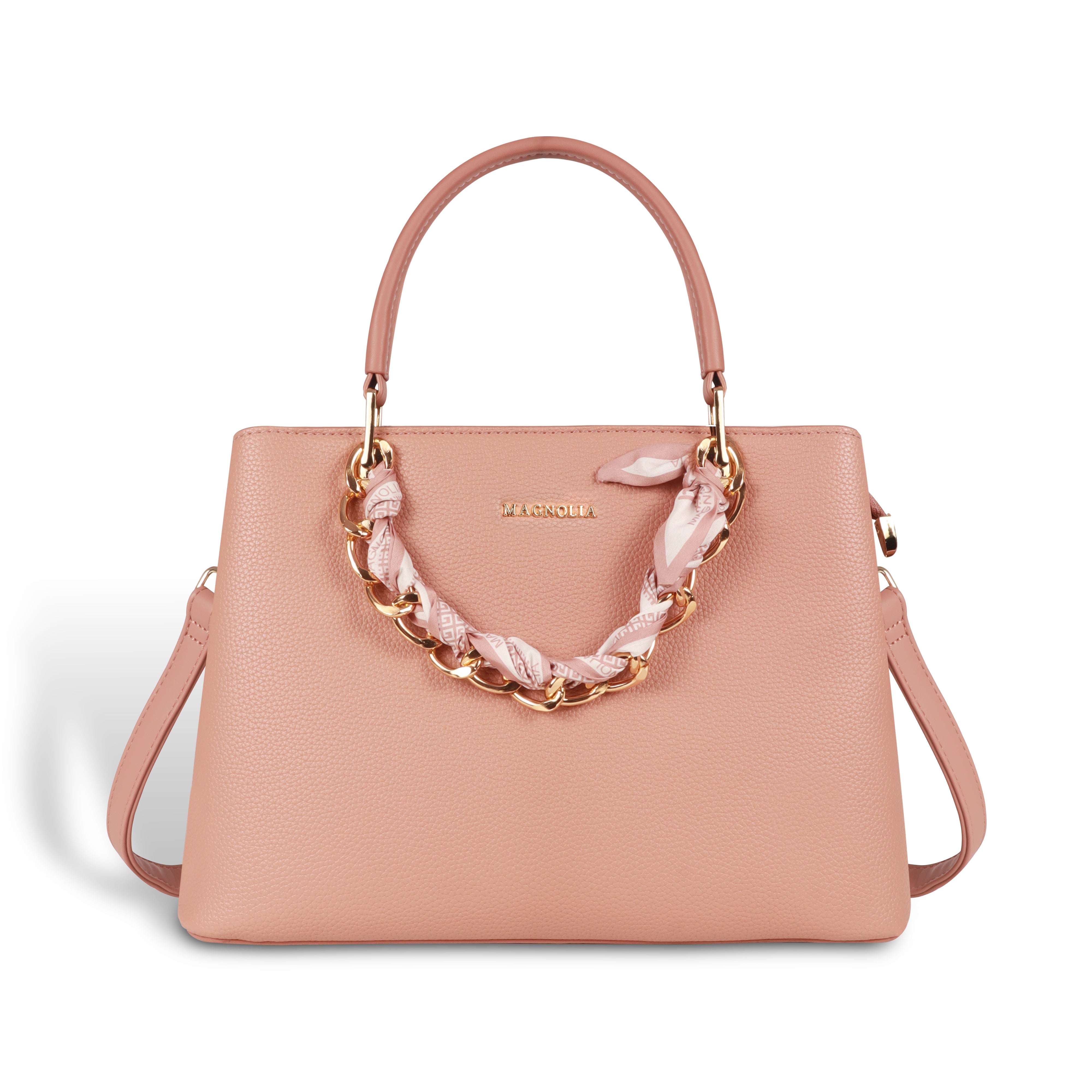 Magnolia Elegant Textured Handbag with Scarf Chain Handle – Blush Pink – Small Structured PU Leather Bag