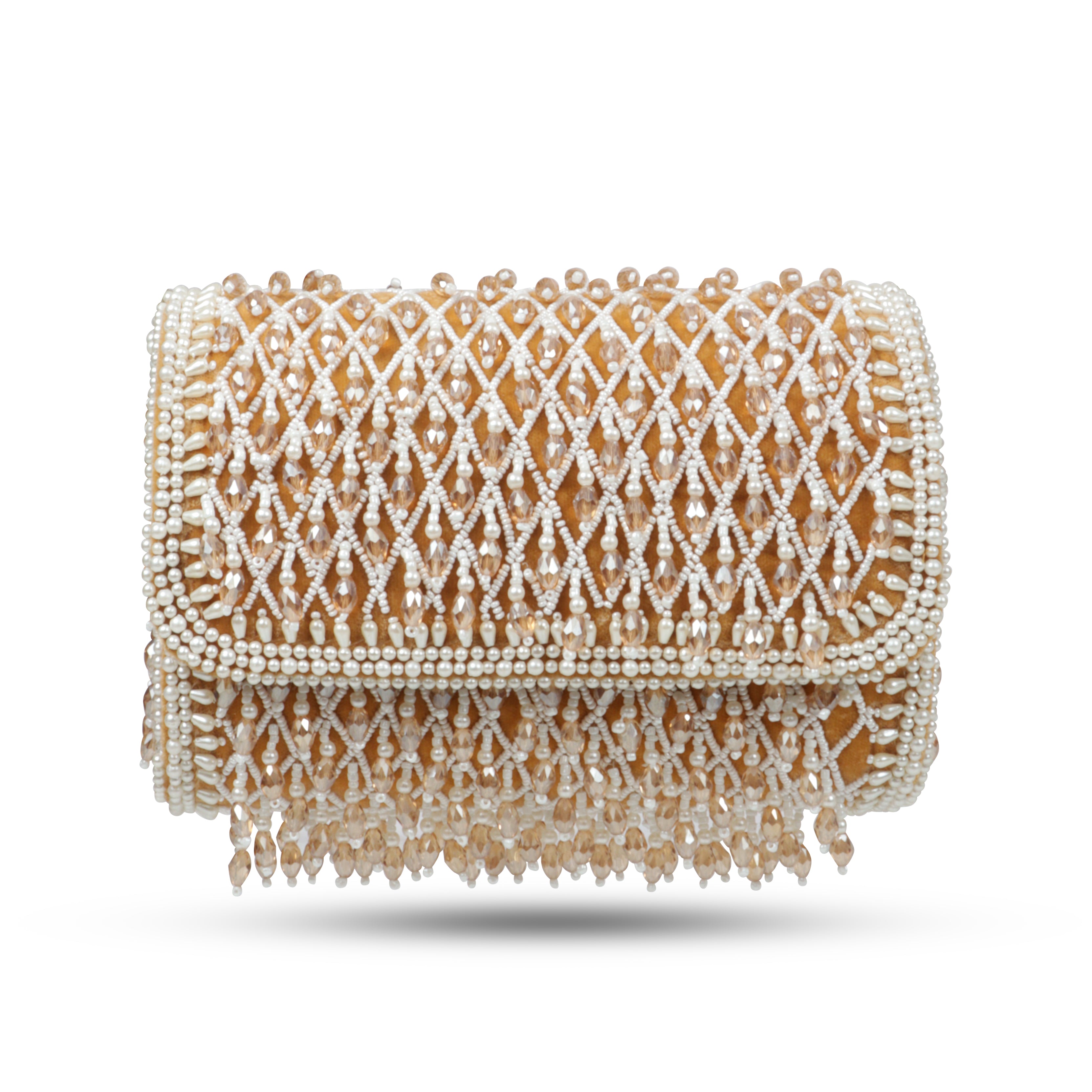 Magnolia Luxe Champagne Beige Velvet Bridal & Party Clutch – Handcrafted Beaded Design, Detachable Handle, Spacious Interior