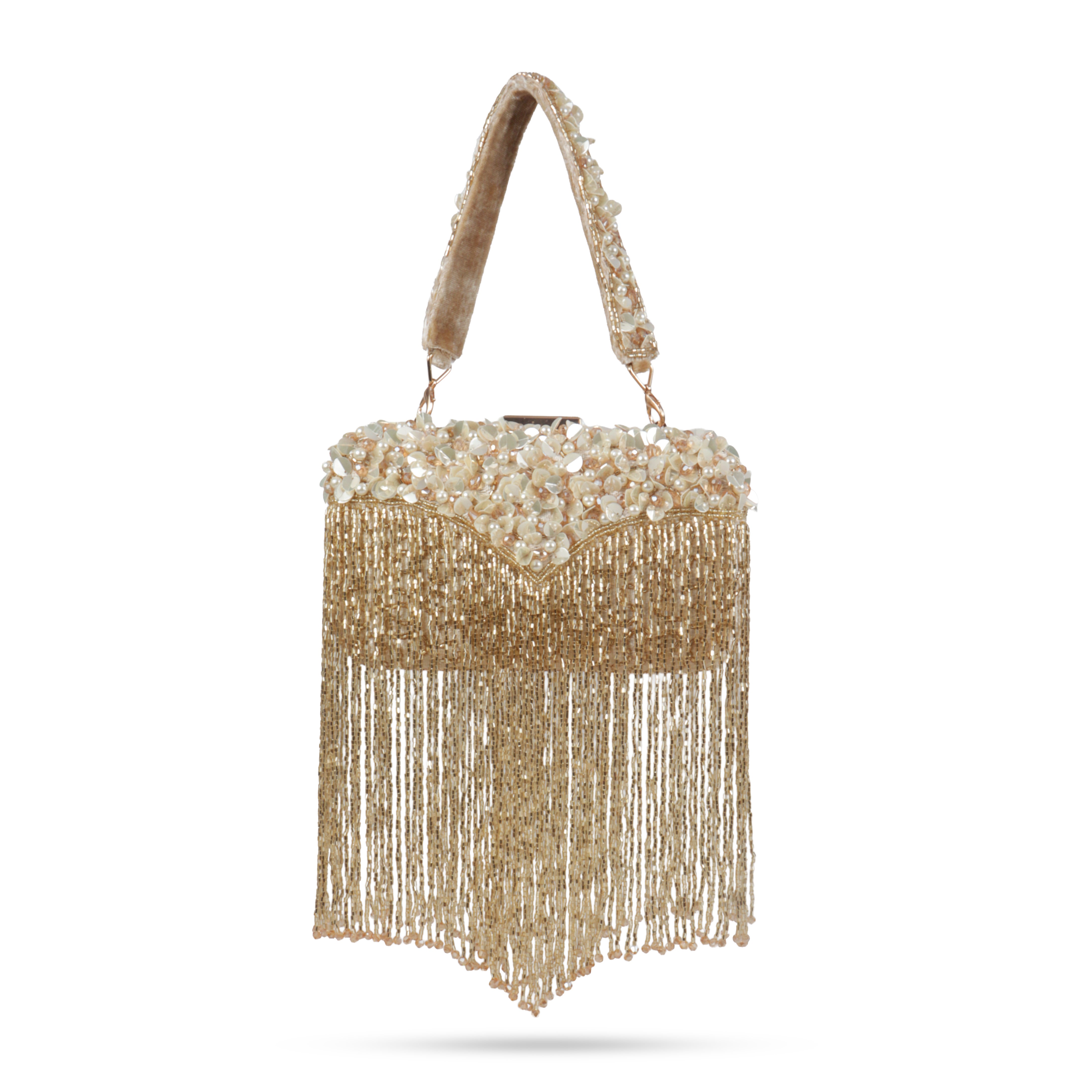 Magnolia-Luxe Gold Clutch with Embellished Fringe Detail