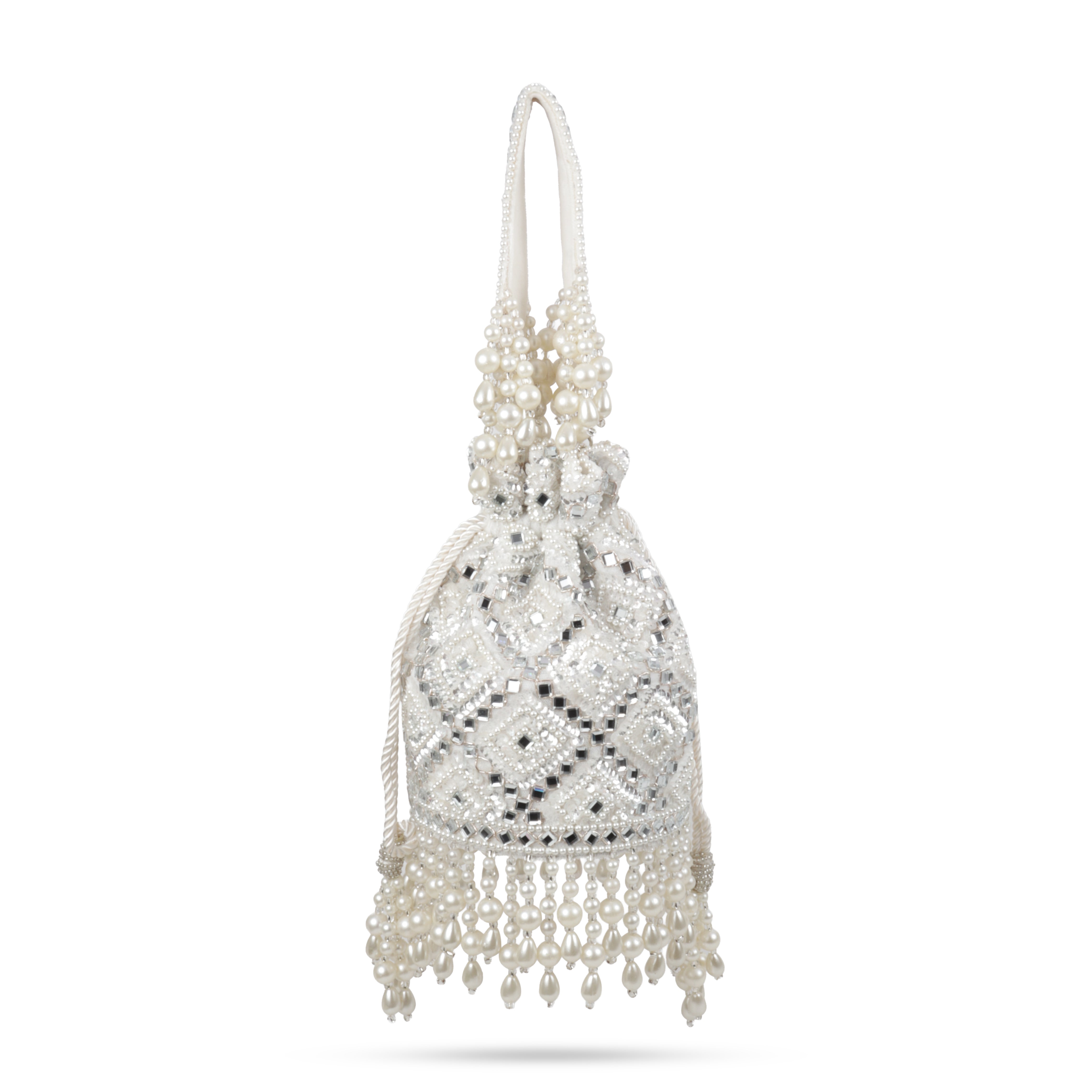 Magnolia Velvet Embroidered Potli Bag – White with Silver Embroidery & Pearl Detailing