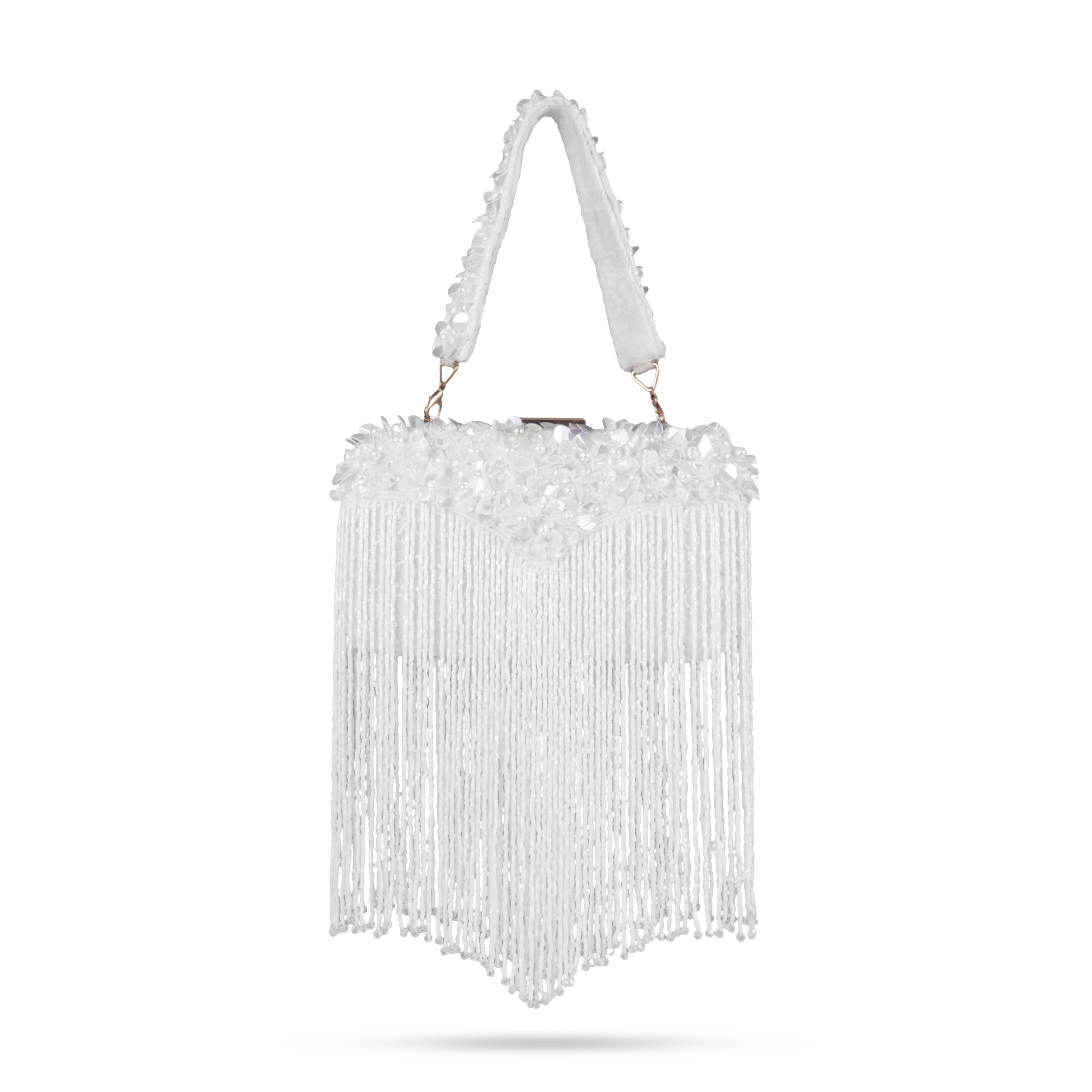 Magnolia-Luxe White Clutch with Embellished Fringe Detail