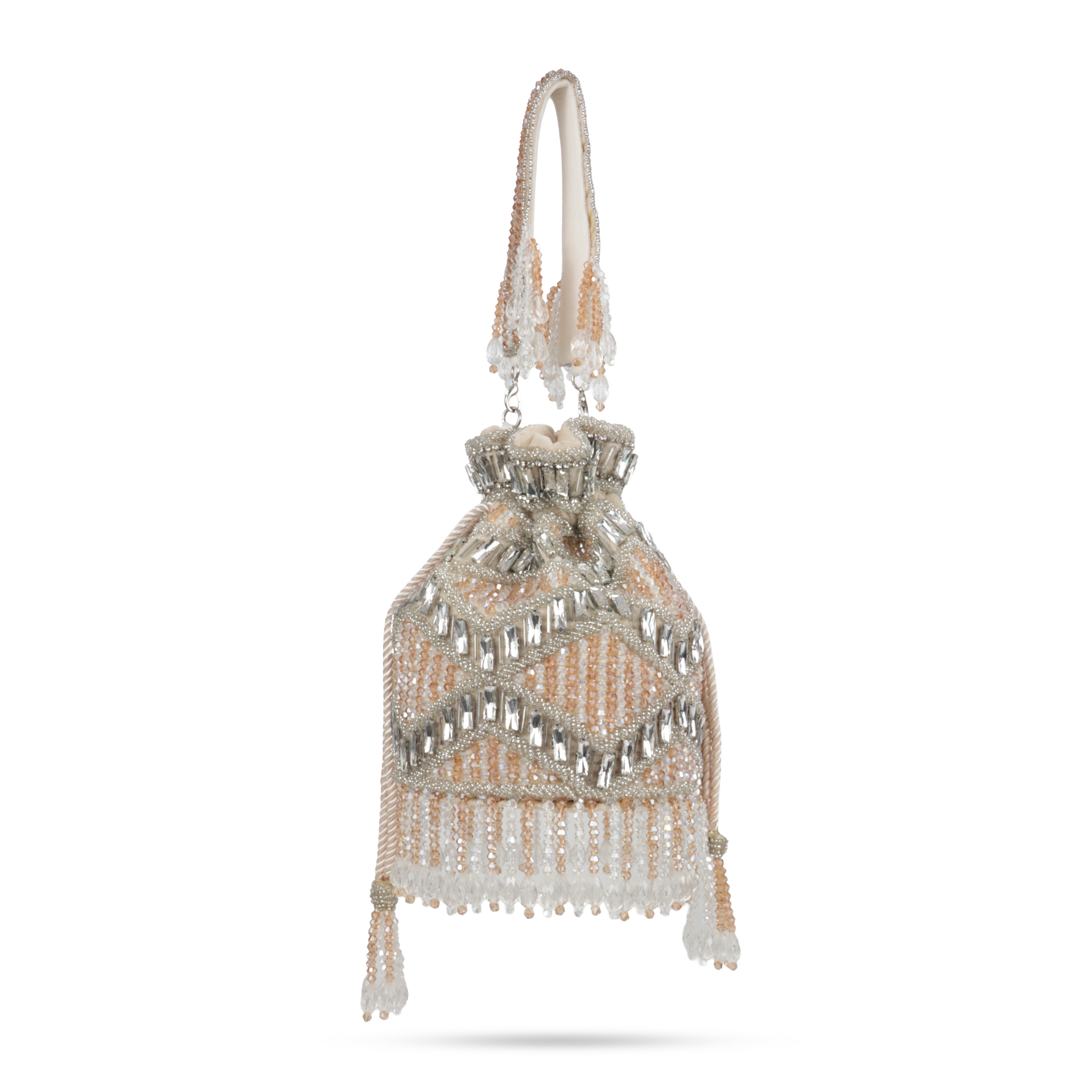 Magnolia Velvet Embroidered Potli Bag – Peach Gold with Silver Embroidery