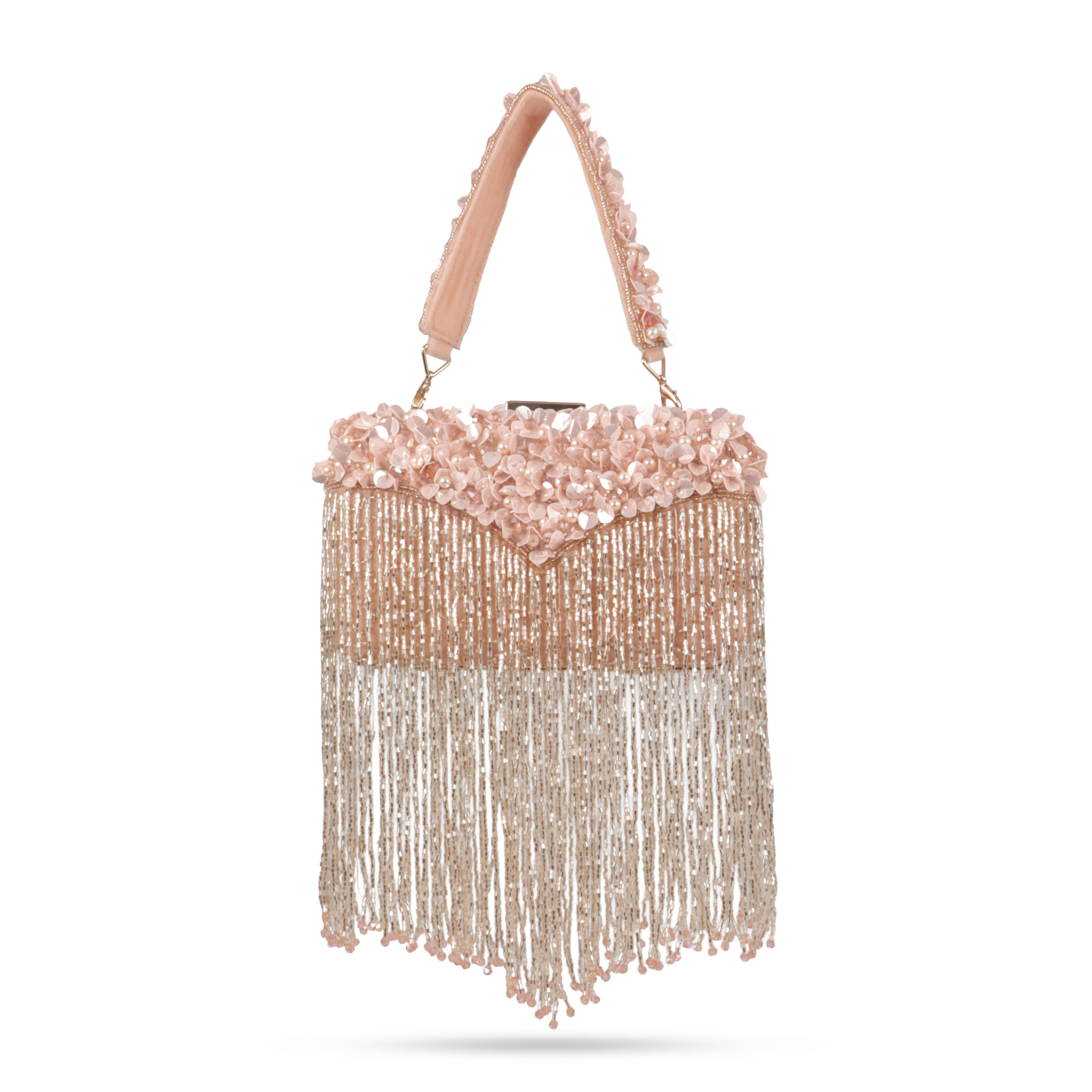 Magnolia-Luxe Peach Clutch with Embellished Fringe Detail