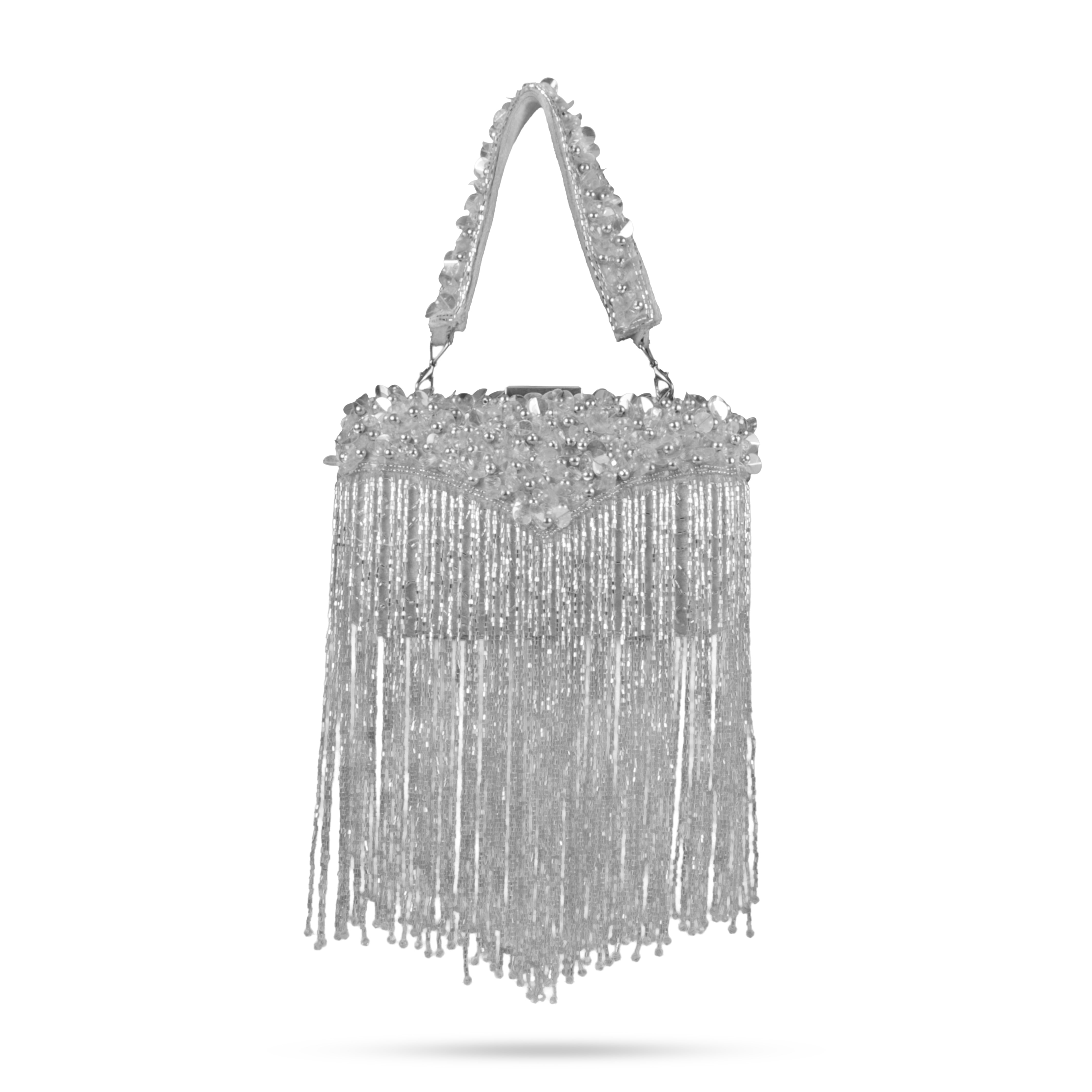 Magnolia-Luxe Silver Clutch with Embellished Fringe Detail