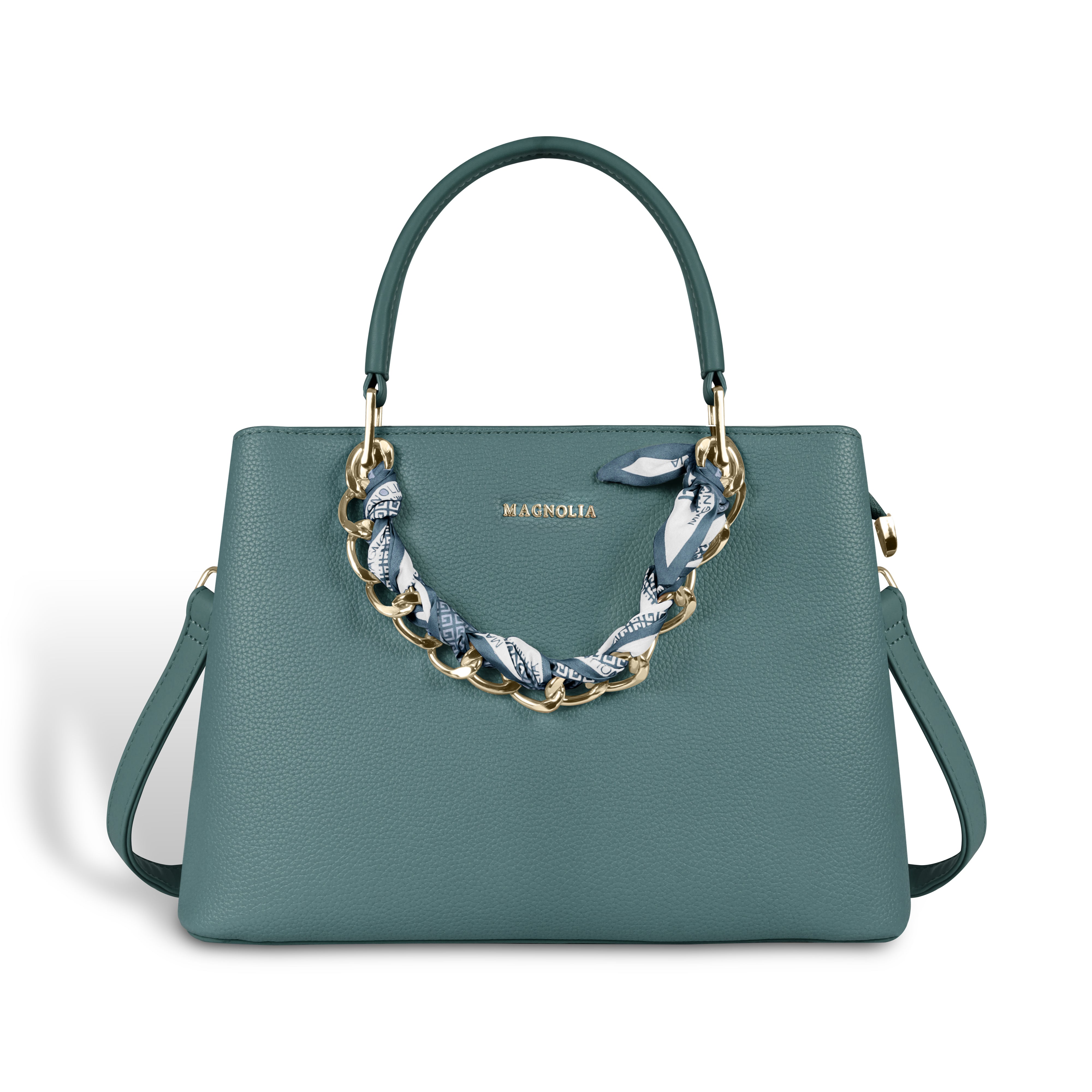 Magnolia Elegant Textured Handbag with Scarf Chain Handle – Teal Green – Small Structured PU Leather Bag