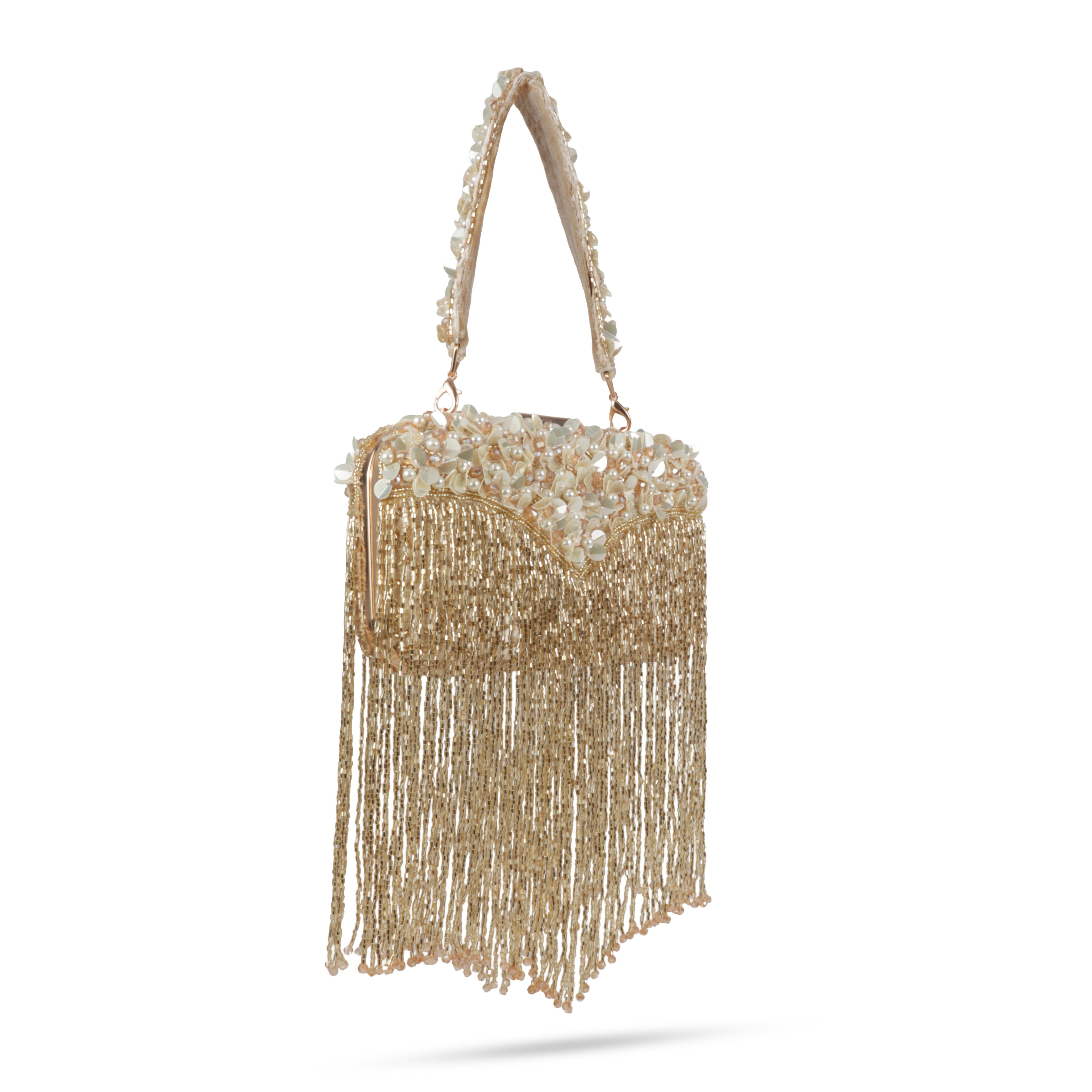 Magnolia-Luxe Gold Clutch with Embellished Fringe Detail