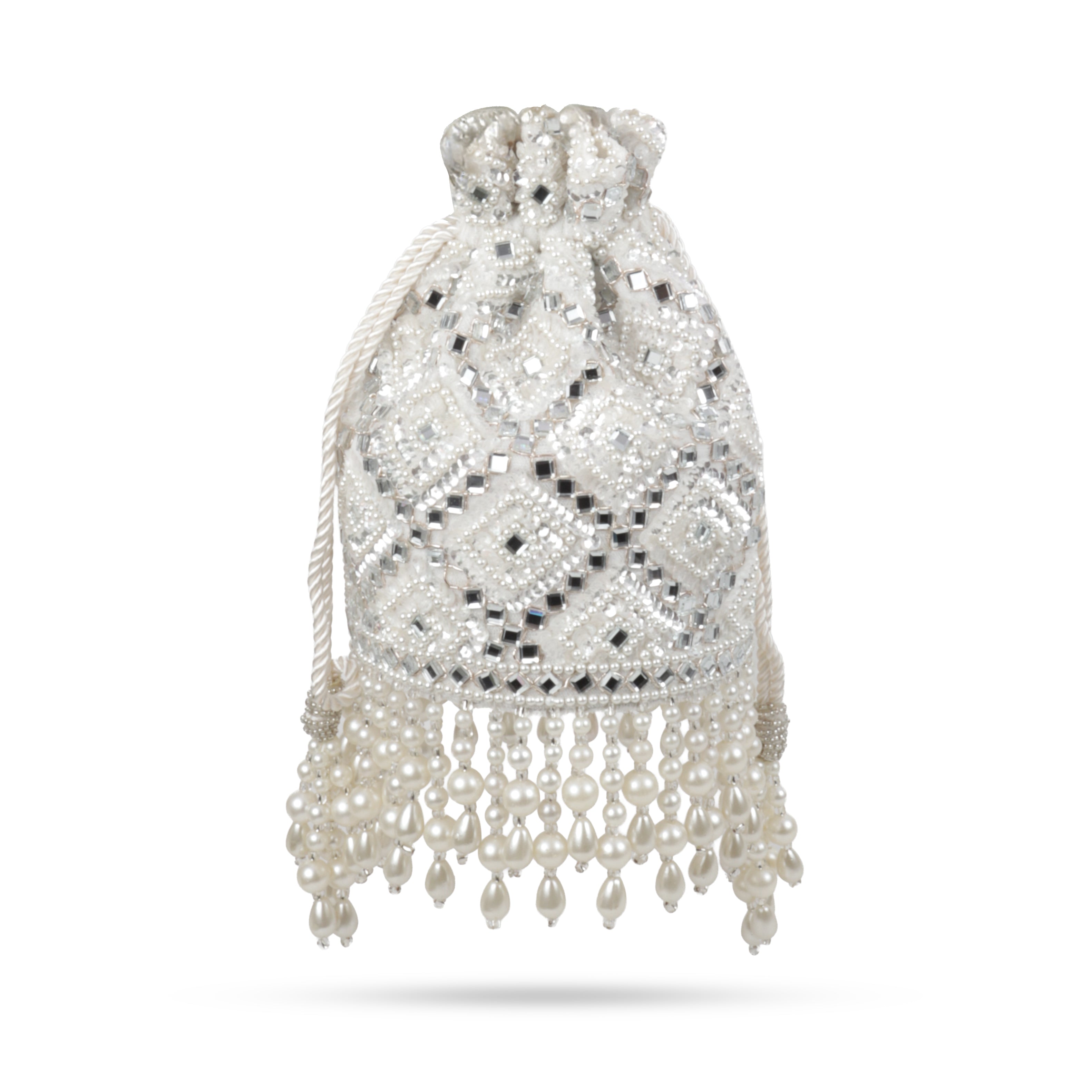 Magnolia Velvet Embroidered Potli Bag – White with Silver Embroidery & Pearl Detailing