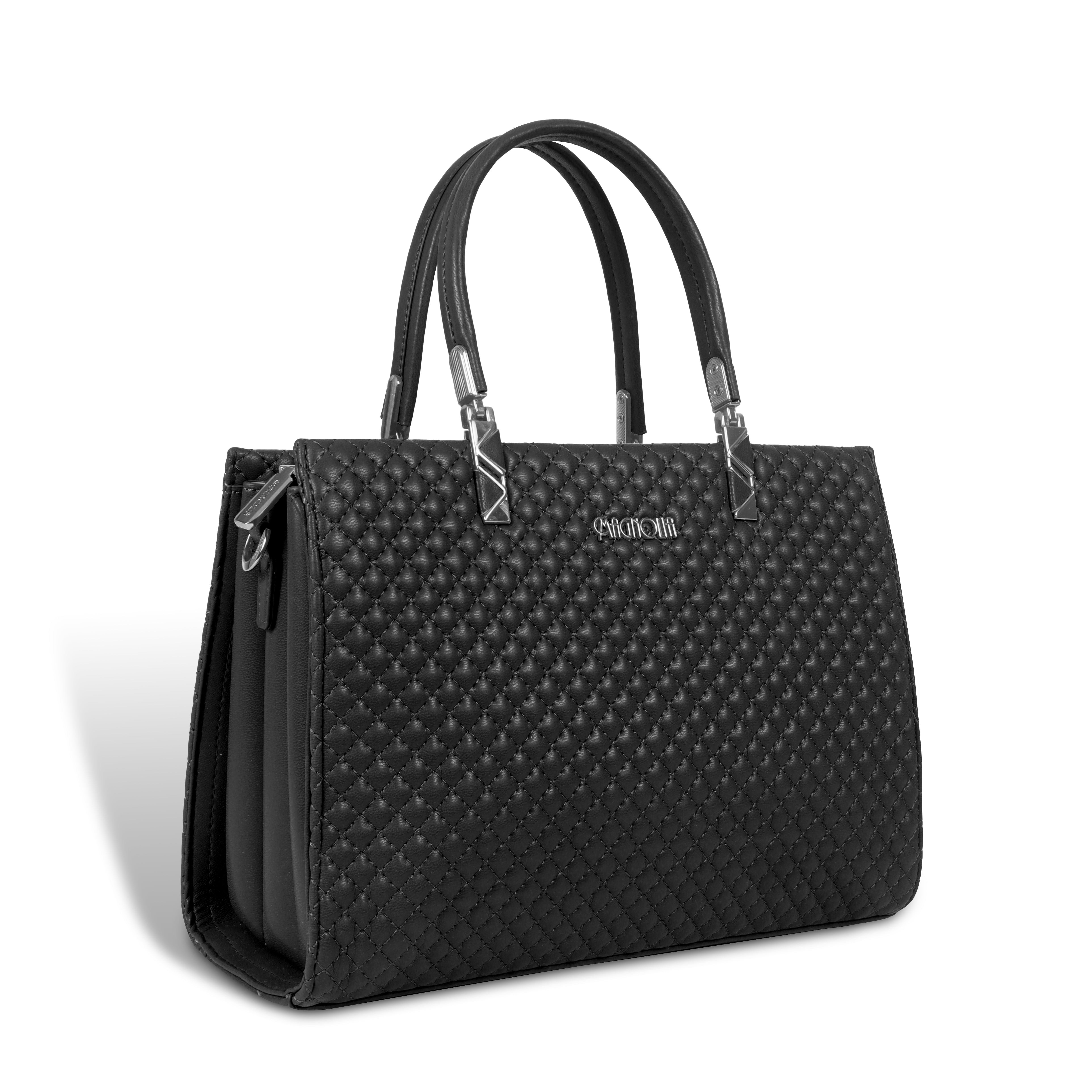 Magnolia Black Quilted Faux Leather Handbag for Women | 10.5L Stylish Everyday & Office Use Bag with Long Strap