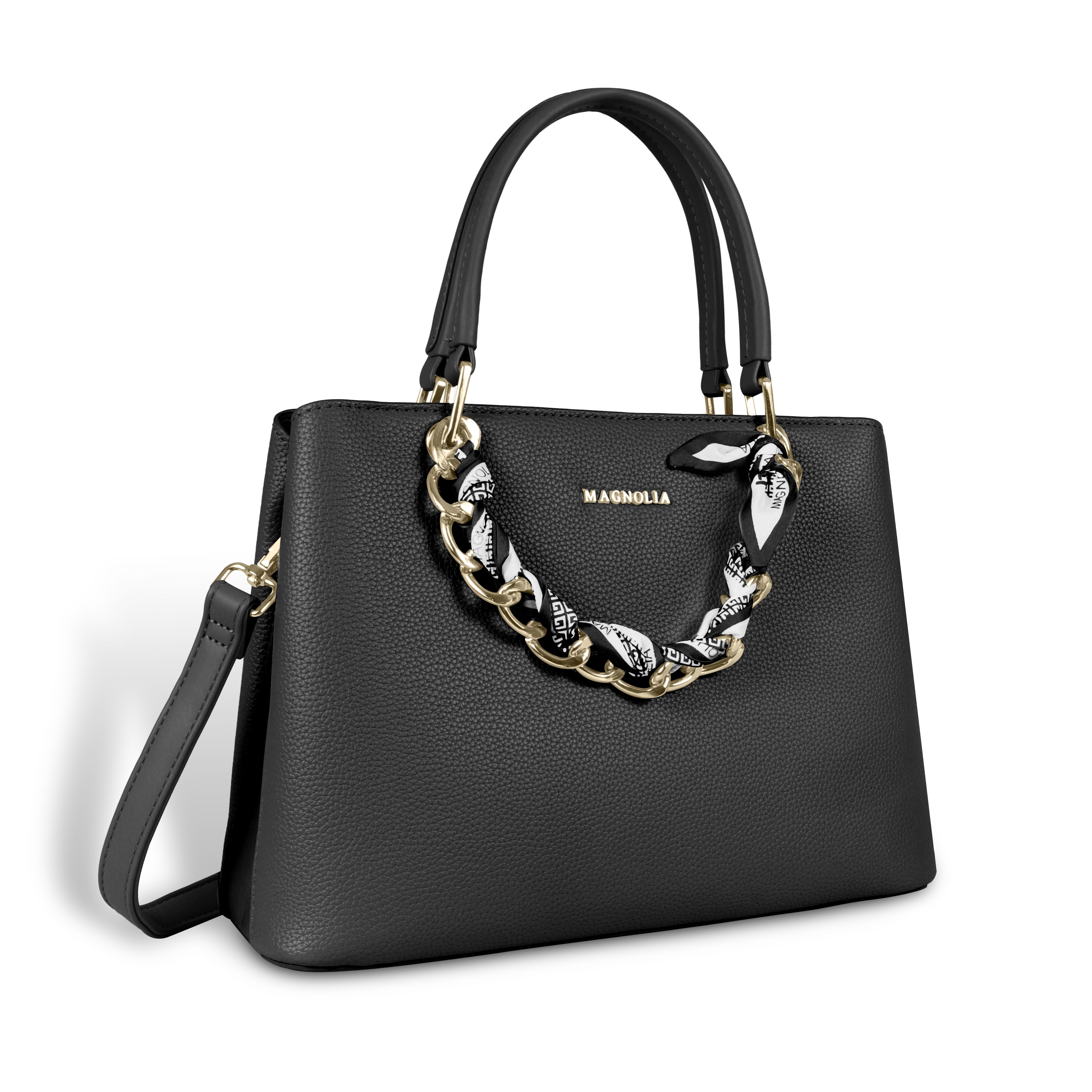 Magnolia Elegant Textured Handbag with Scarf Chain Handle – Black – Small Structured PU Leather Bag