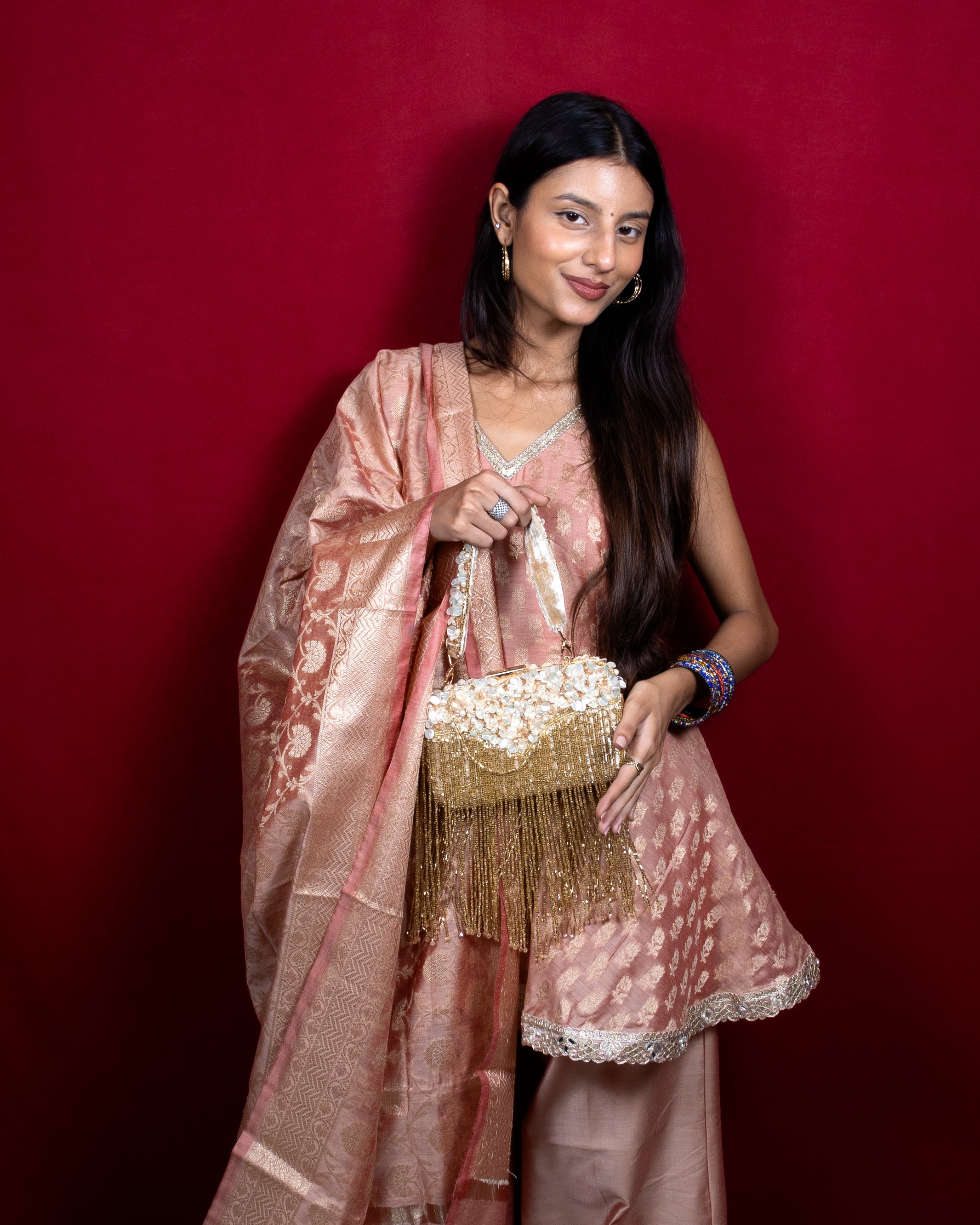 Magnolia-Luxe Gold Clutch with Embellished Fringe Detail