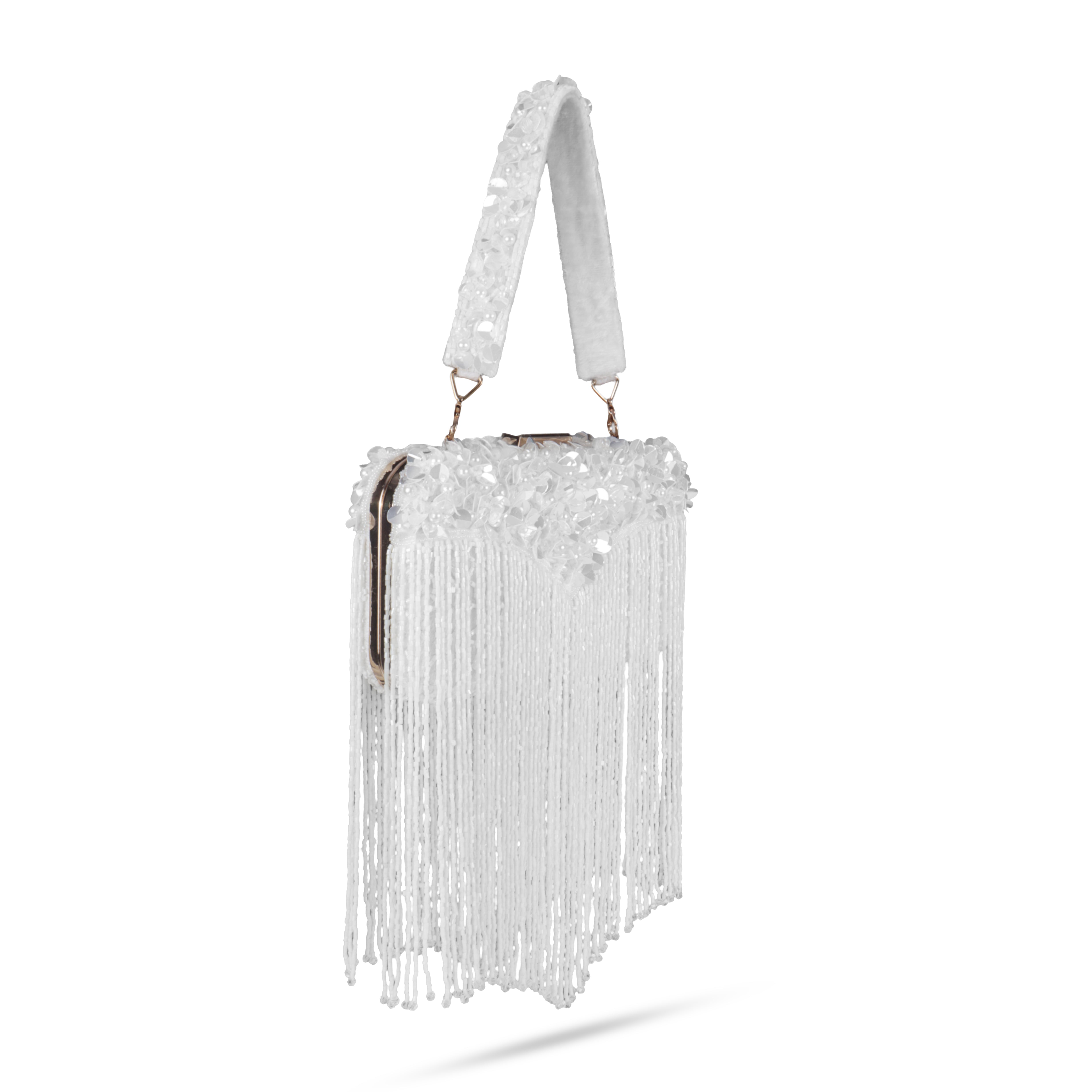 Magnolia-Luxe White Clutch with Embellished Fringe Detail