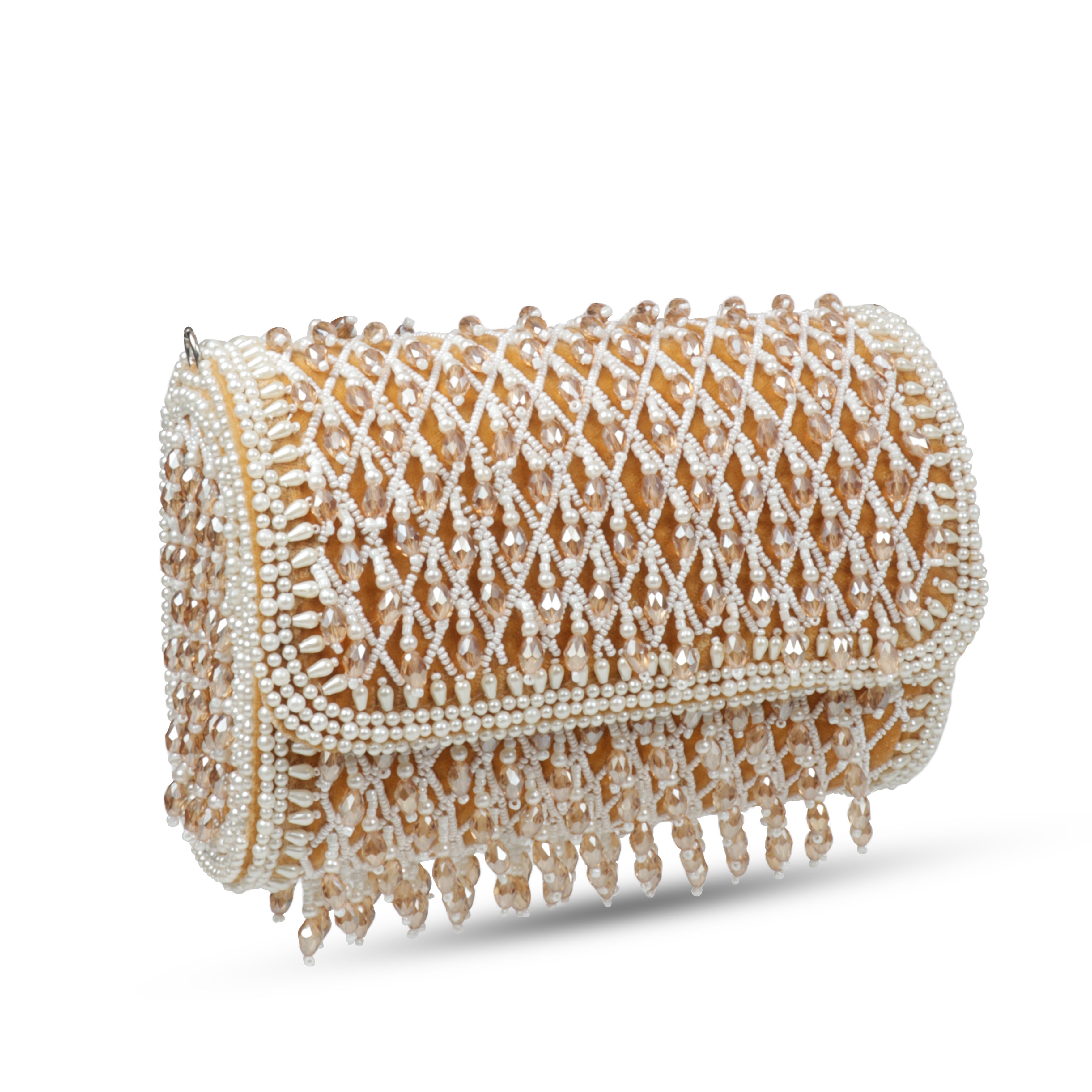 Magnolia Luxe Champagne Beige Velvet Bridal & Party Clutch – Handcrafted Beaded Design, Detachable Handle, Spacious Interior