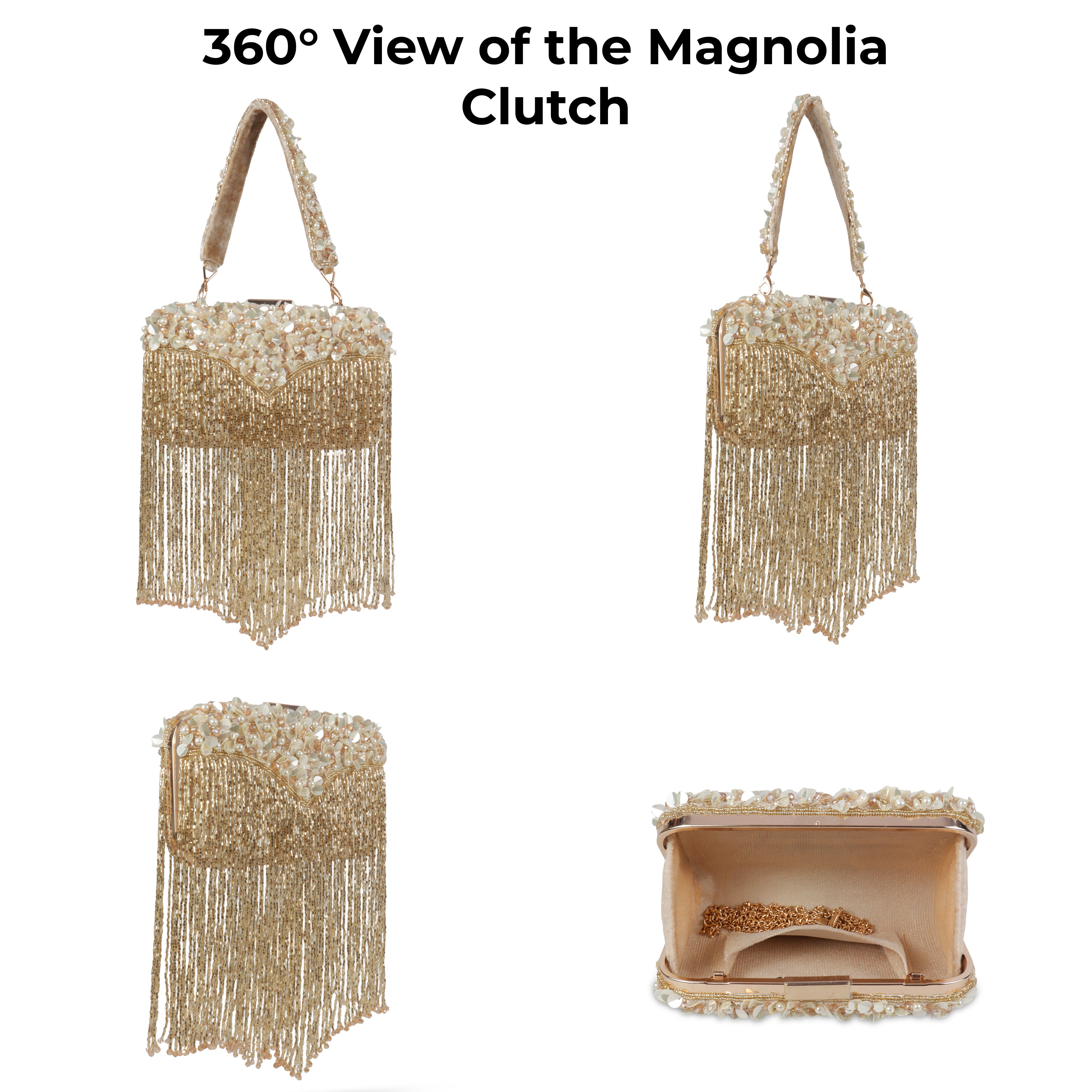Magnolia-Luxe Gold Clutch with Embellished Fringe Detail