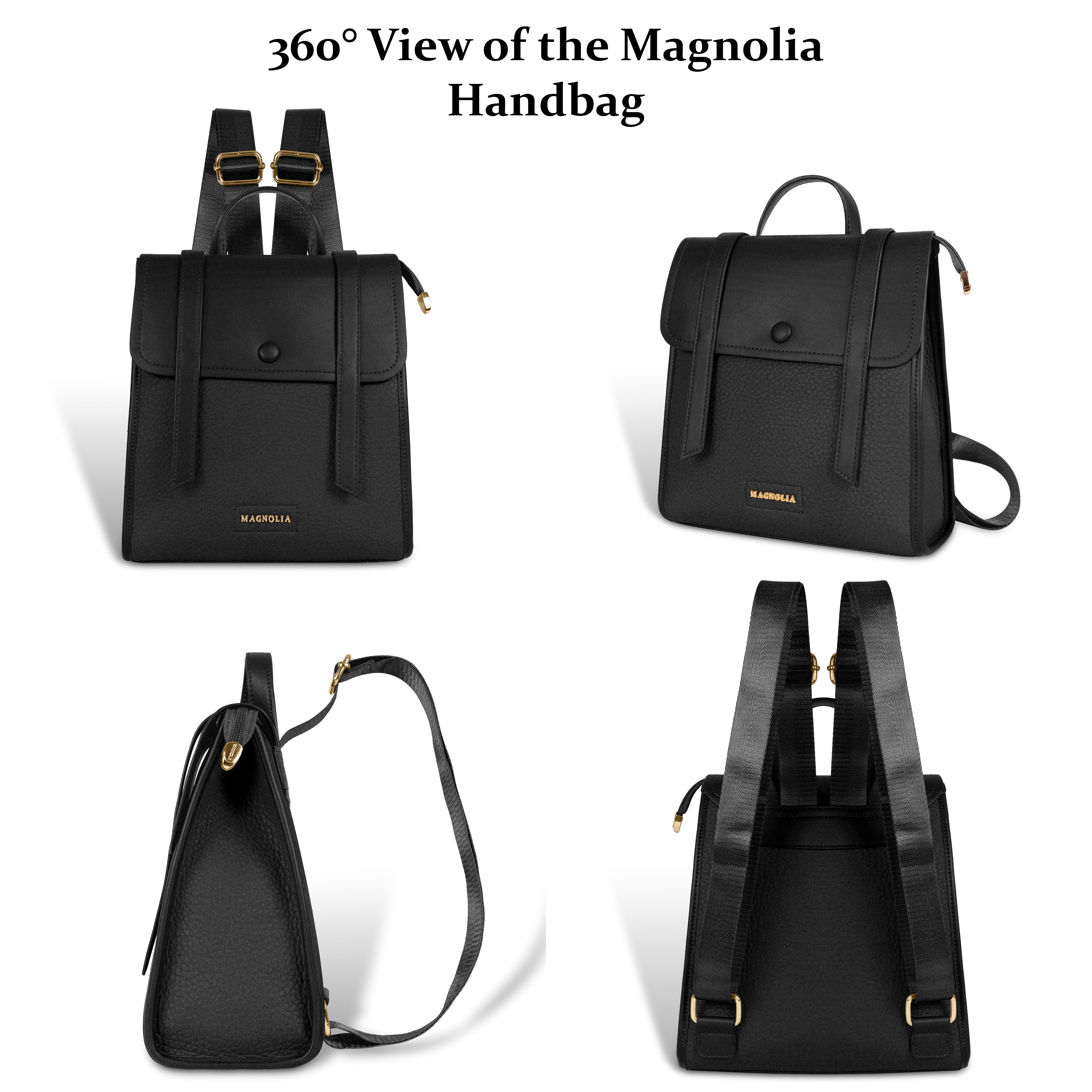 Magnolia Black Vegan Leather Backpack for Women | 10.5L Stylish Casual Daypack with Long Strap