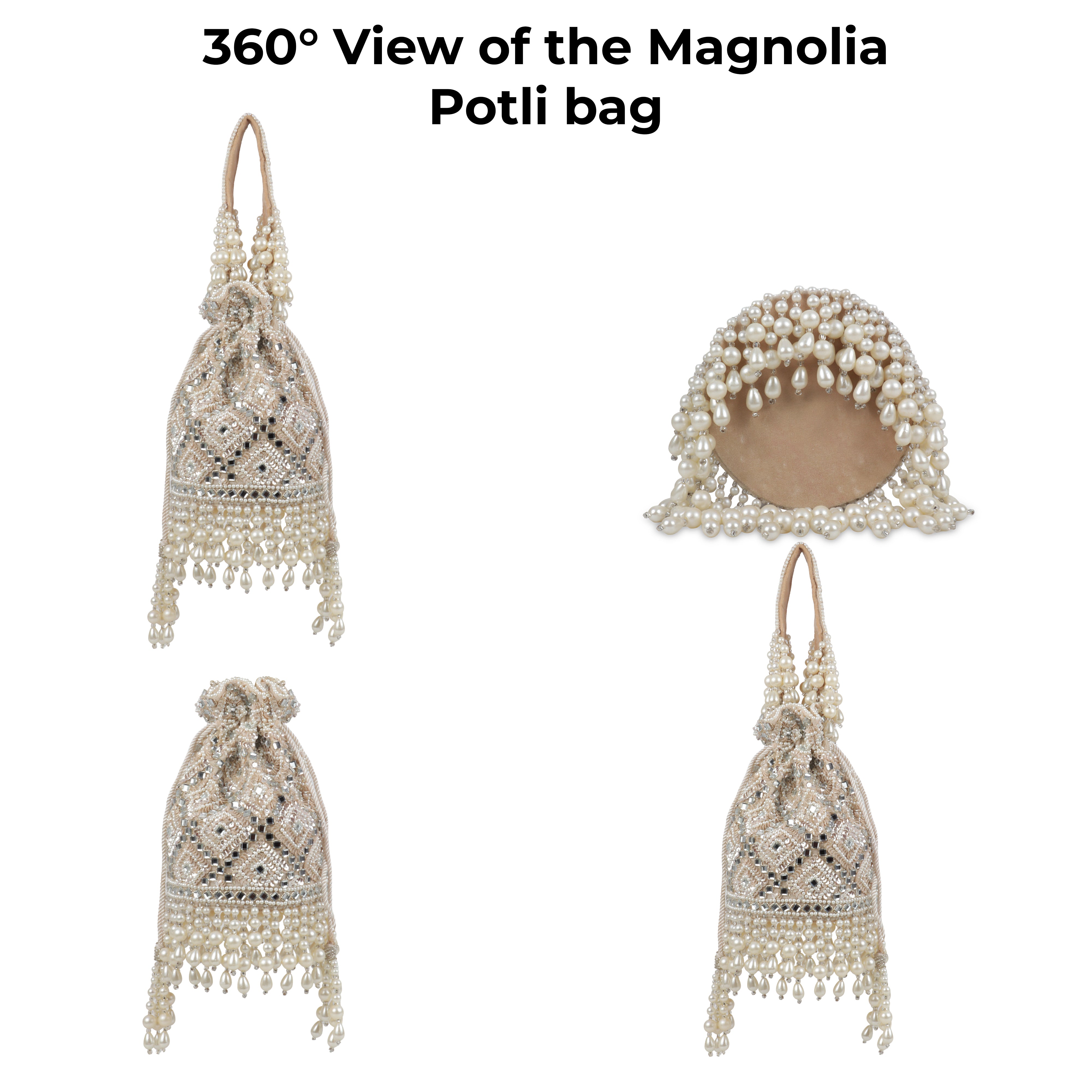 Magnolia Velvet Embroidered Potli Bag – Ivory with Silver Embroidery & Pearl Detailing