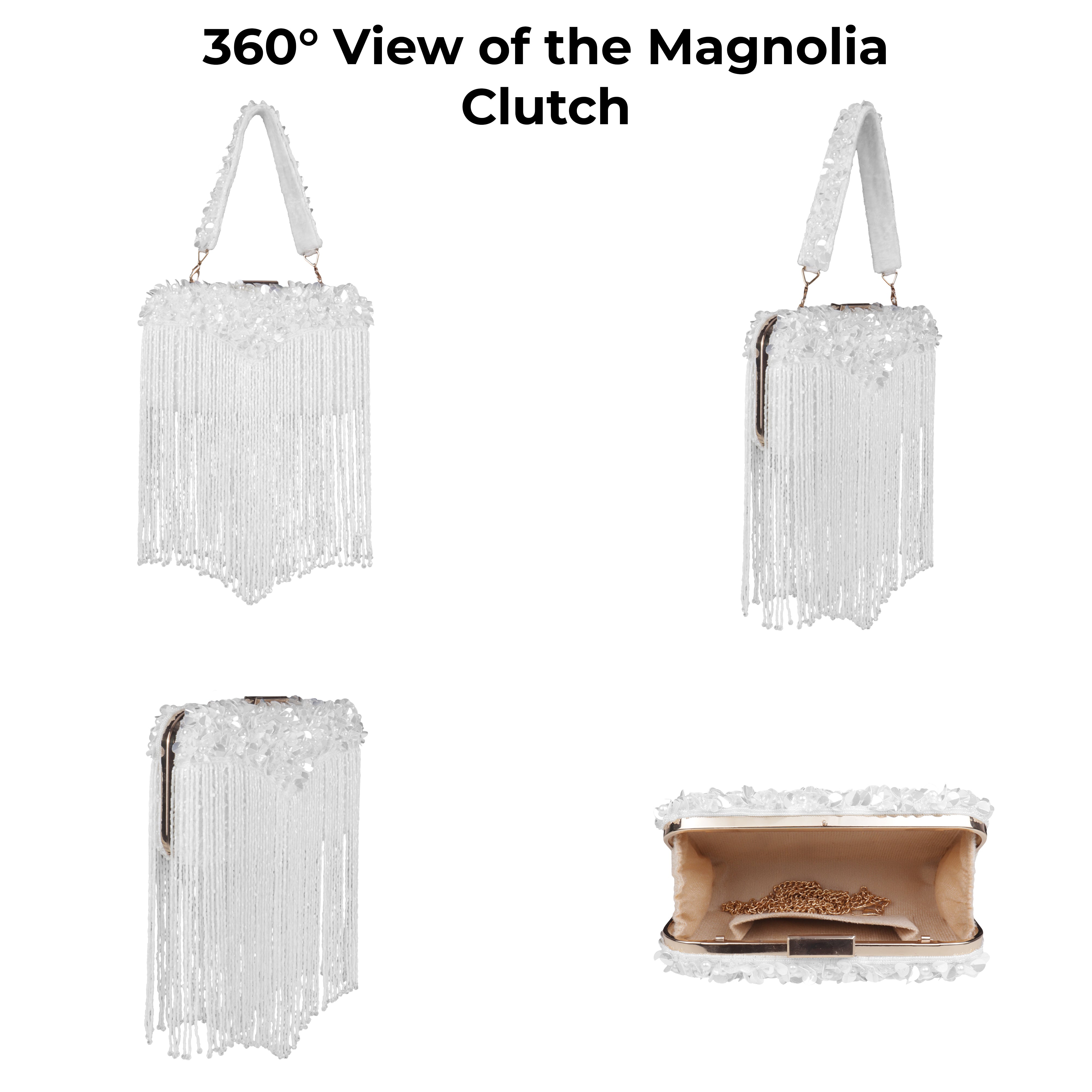 Magnolia-Luxe White Clutch with Embellished Fringe Detail