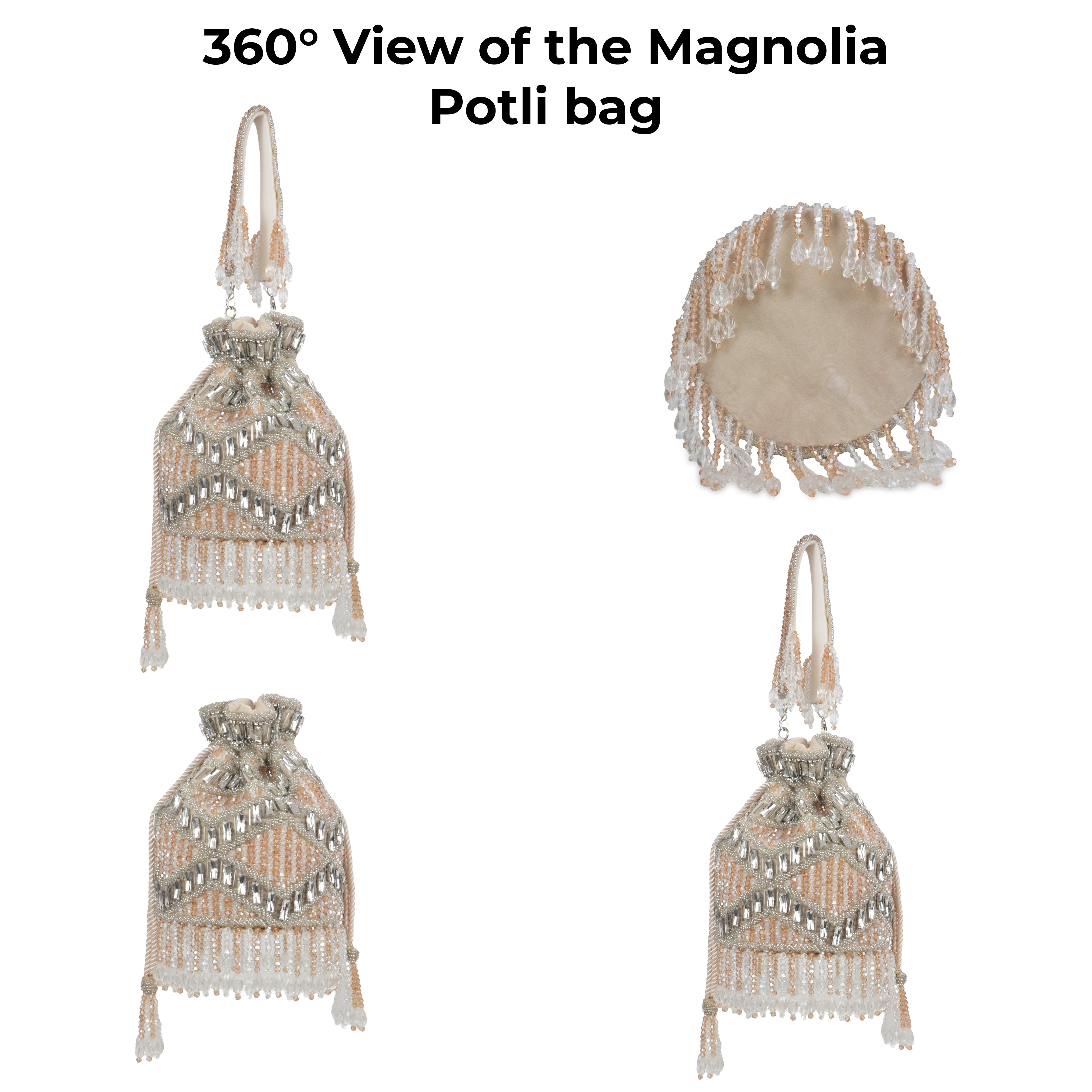 Magnolia Velvet Embroidered Potli Bag – Peach Gold with Silver Embroidery