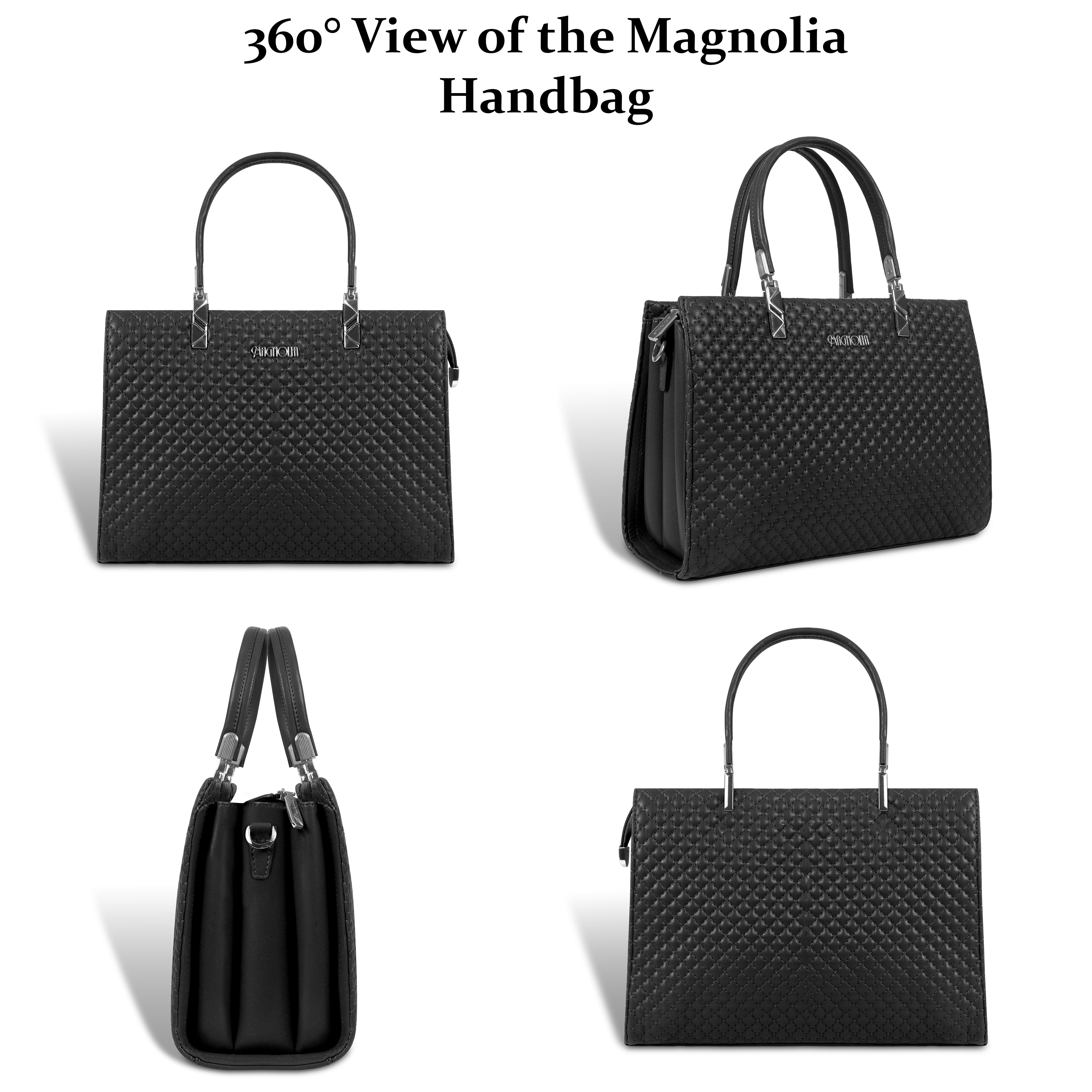 Magnolia Black Quilted Faux Leather Handbag for Women | 10.5L Stylish Everyday & Office Use Bag with Long Strap