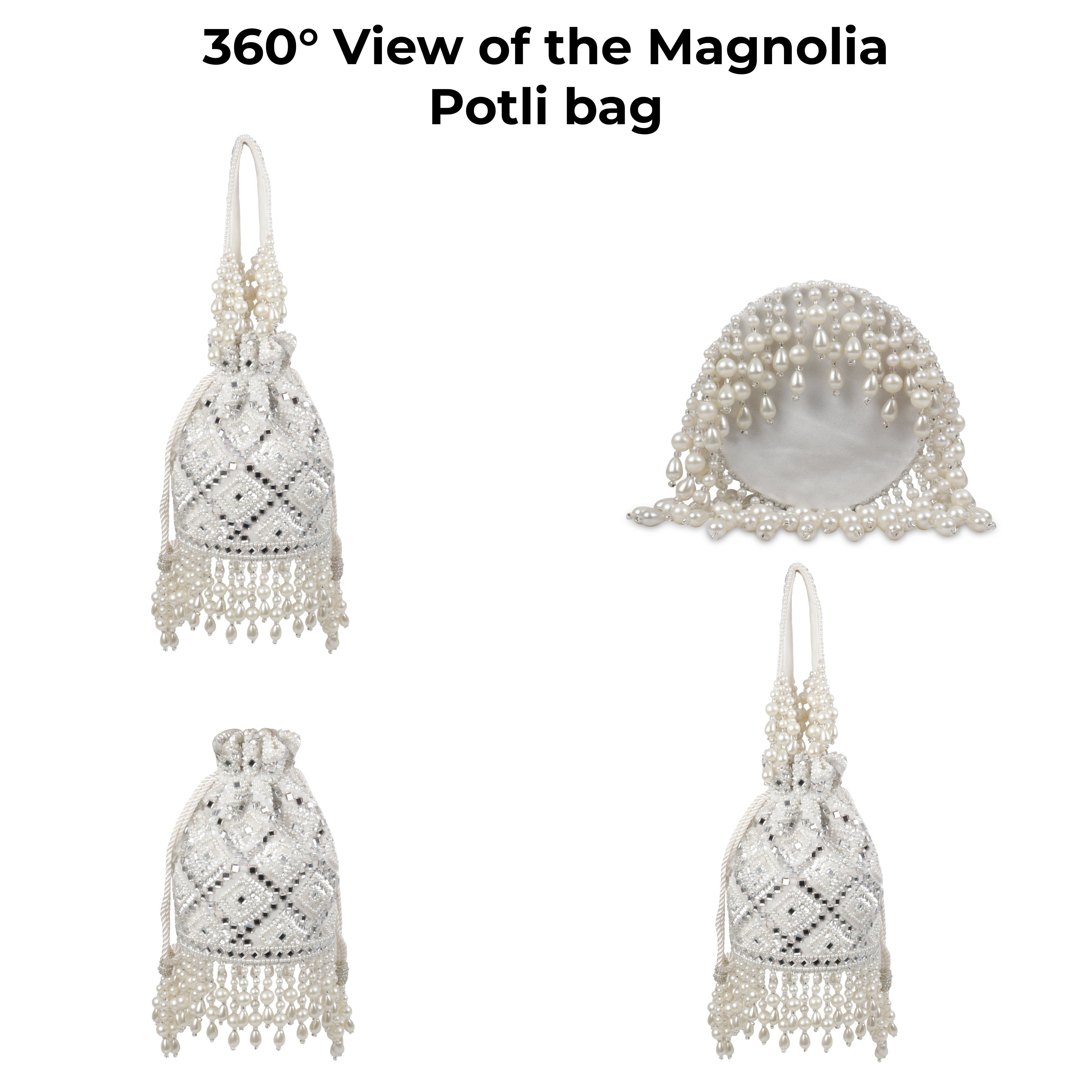 Magnolia Velvet Embroidered Potli Bag – White with Silver Embroidery & Pearl Detailing