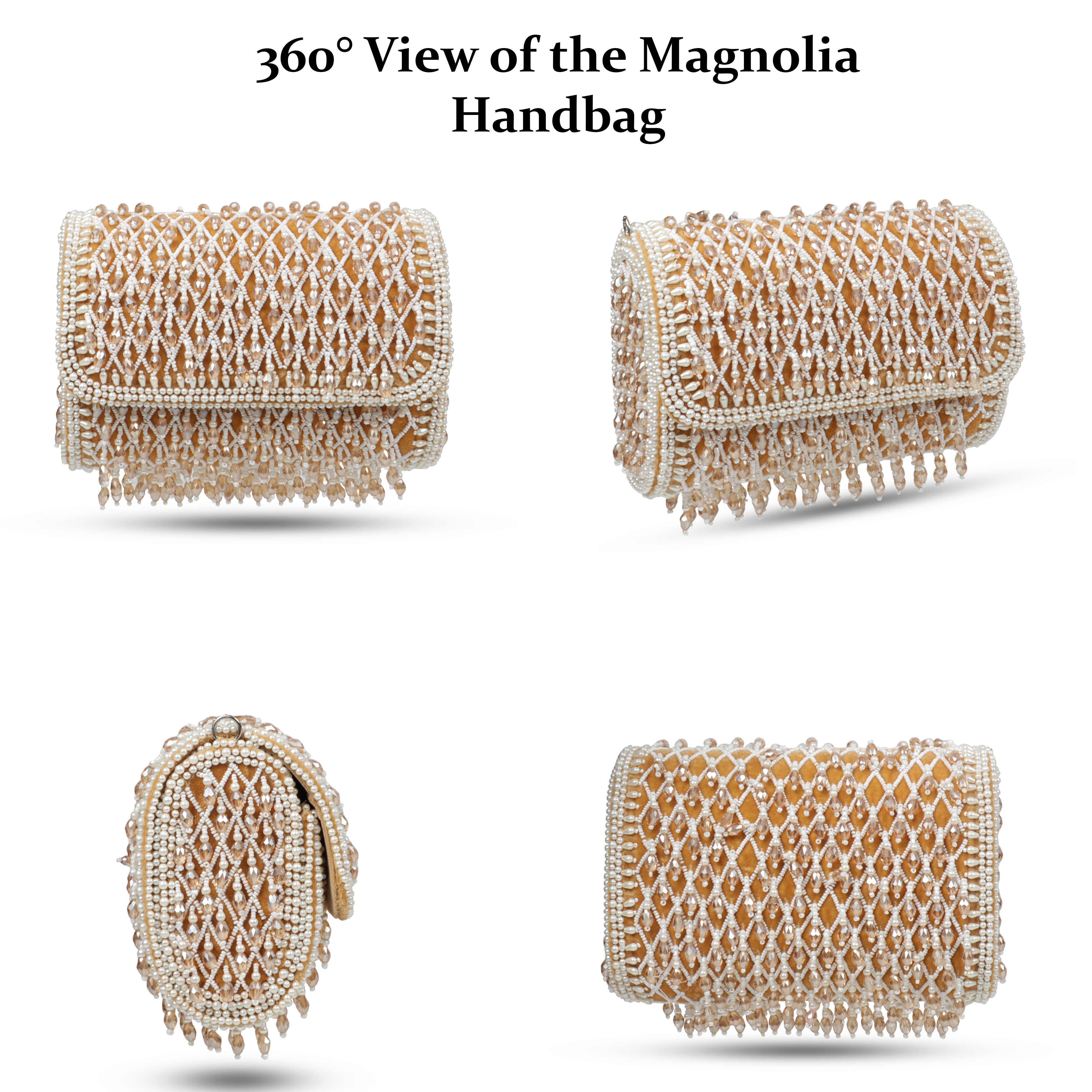 Magnolia Luxe Champagne Beige Velvet Bridal & Party Clutch – Handcrafted Beaded Design, Detachable Handle, Spacious Interior