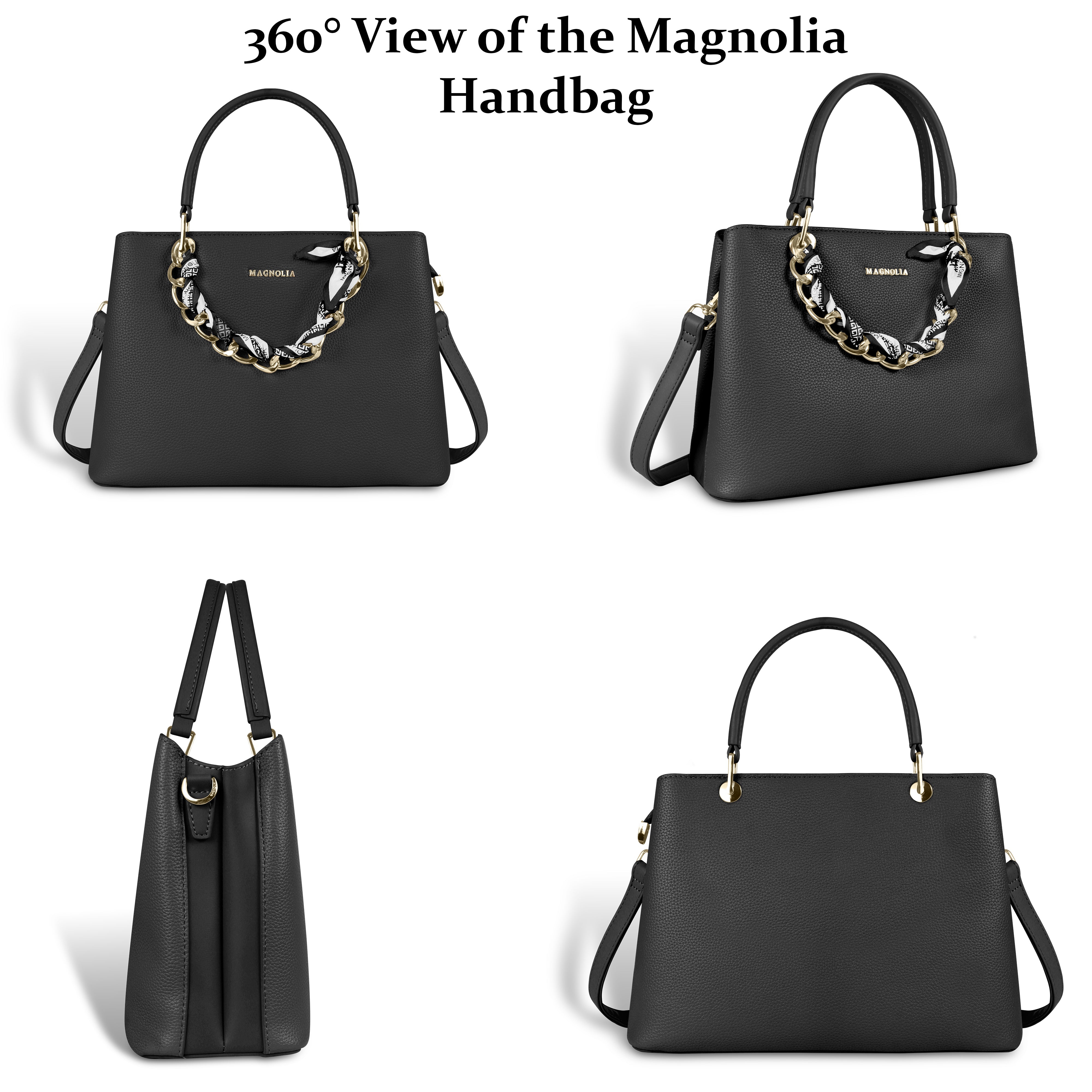 Magnolia Elegant Textured Handbag with Scarf Chain Handle – Black – Small Structured PU Leather Bag