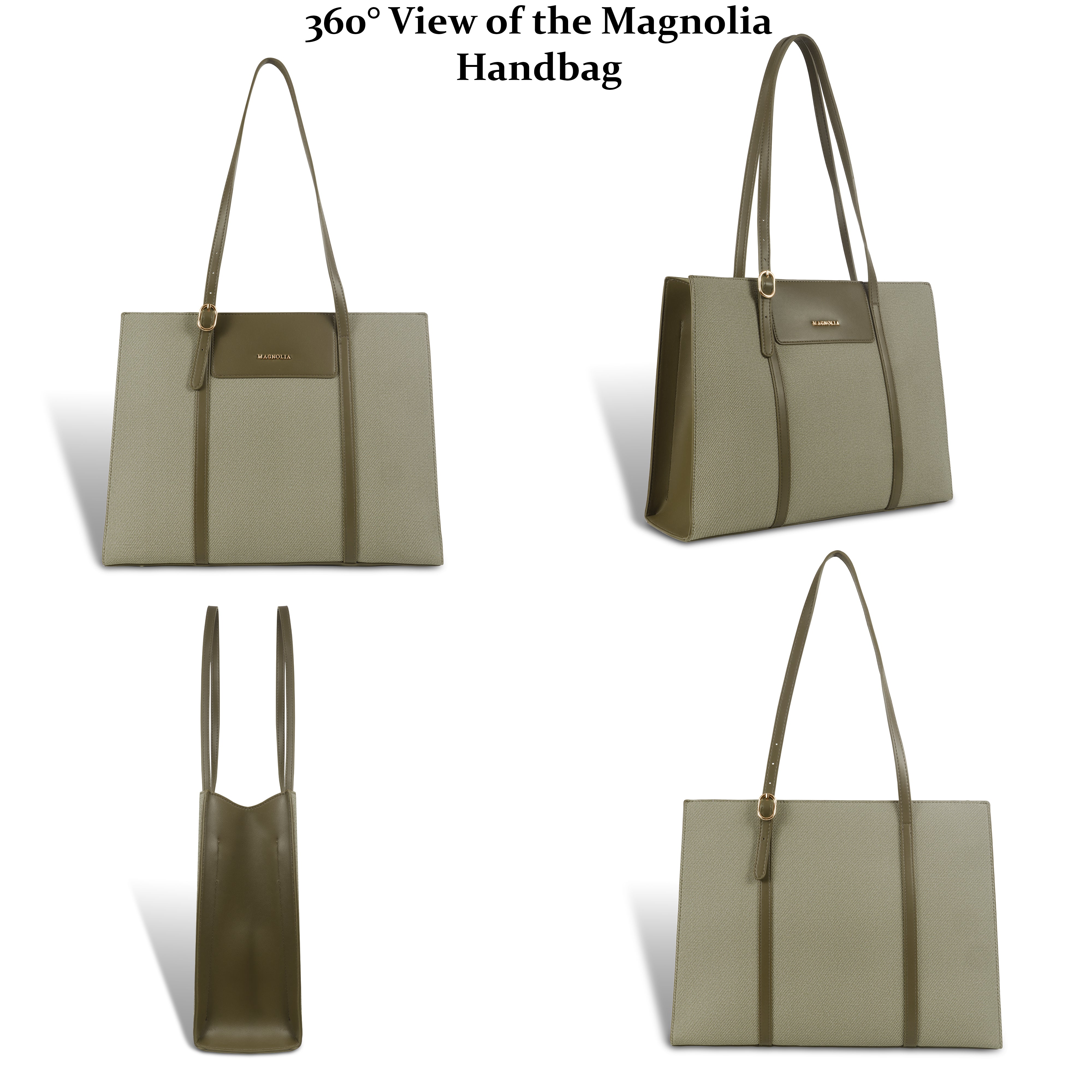 Magnolia Structured Green Tote Bag for Women | PU Leather & Fabric Combo | 12L Work & Everyday Handbag