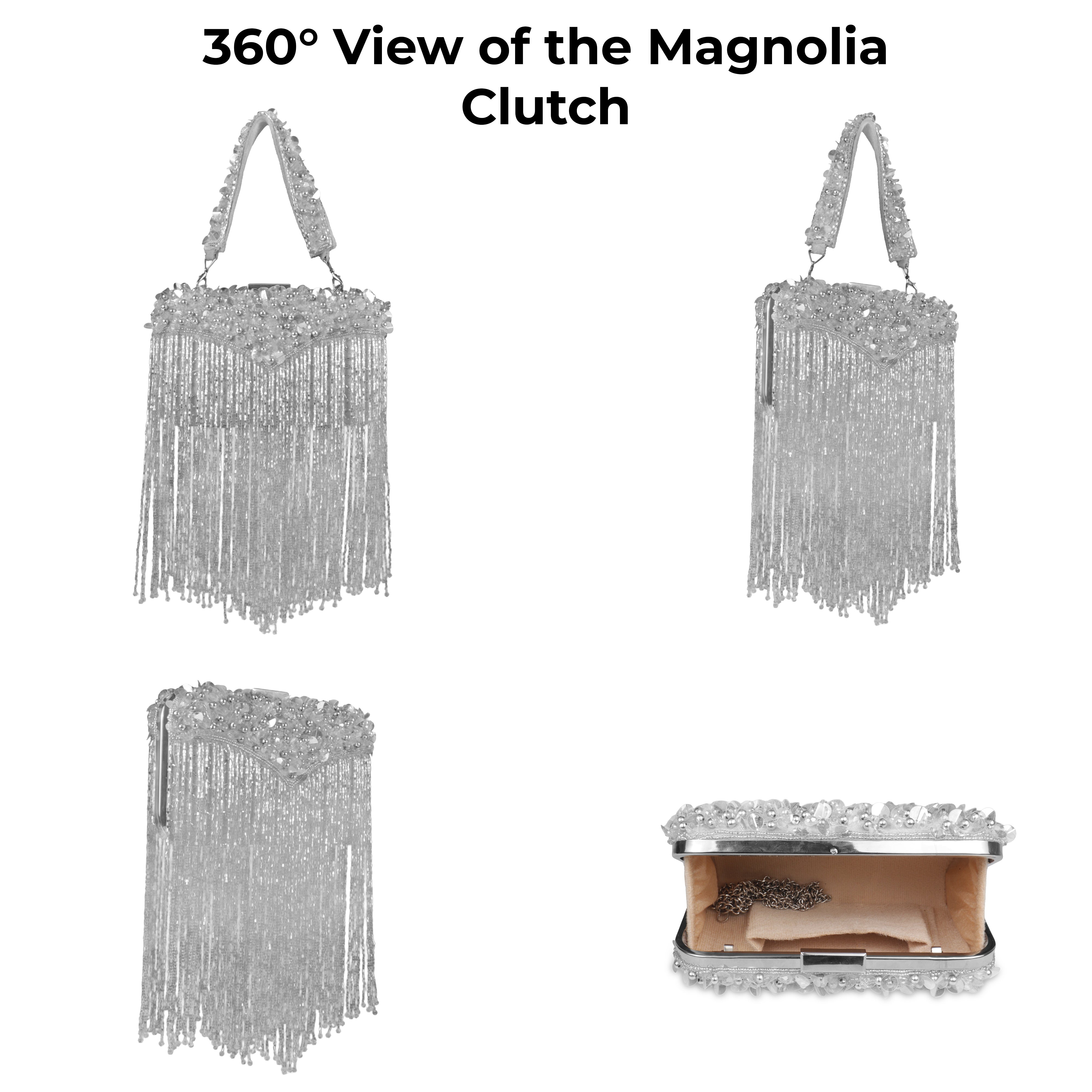 Magnolia-Luxe Silver Clutch with Embellished Fringe Detail