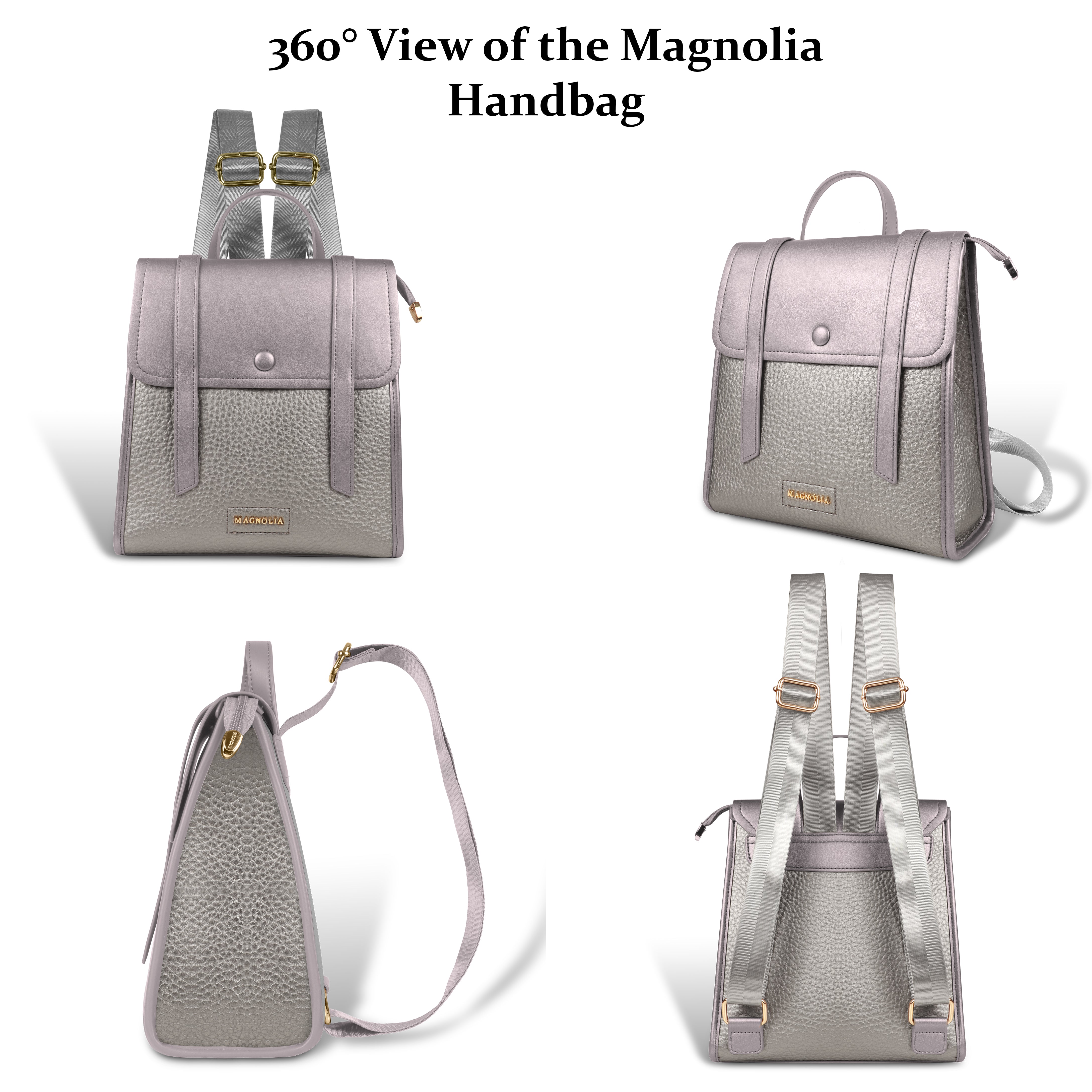 Magnolia Silver Vegan Leather Backpack for Women | 10.5L Stylish Casual Daypack with Long Strap