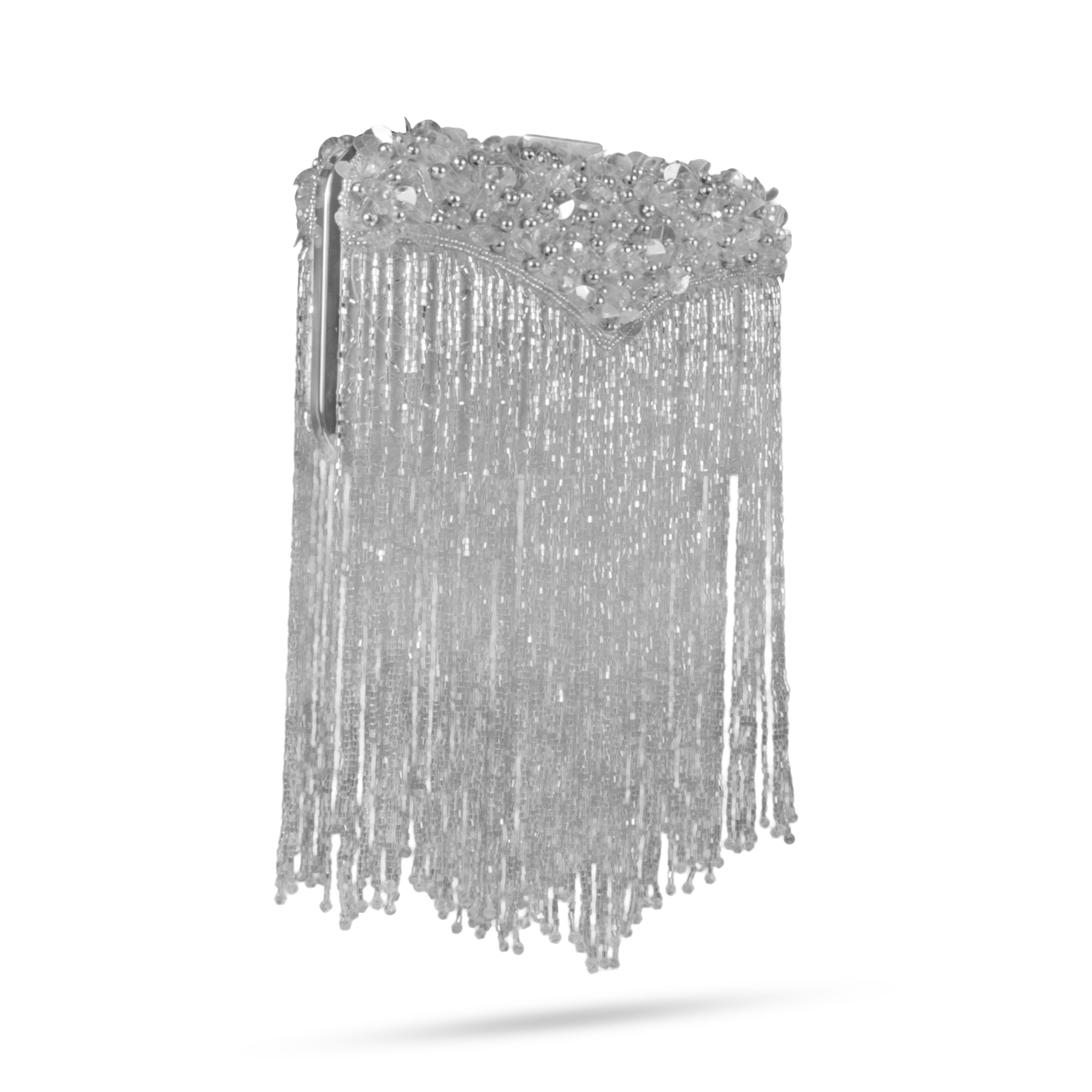 Magnolia-Luxe Silver Clutch with Embellished Fringe Detail