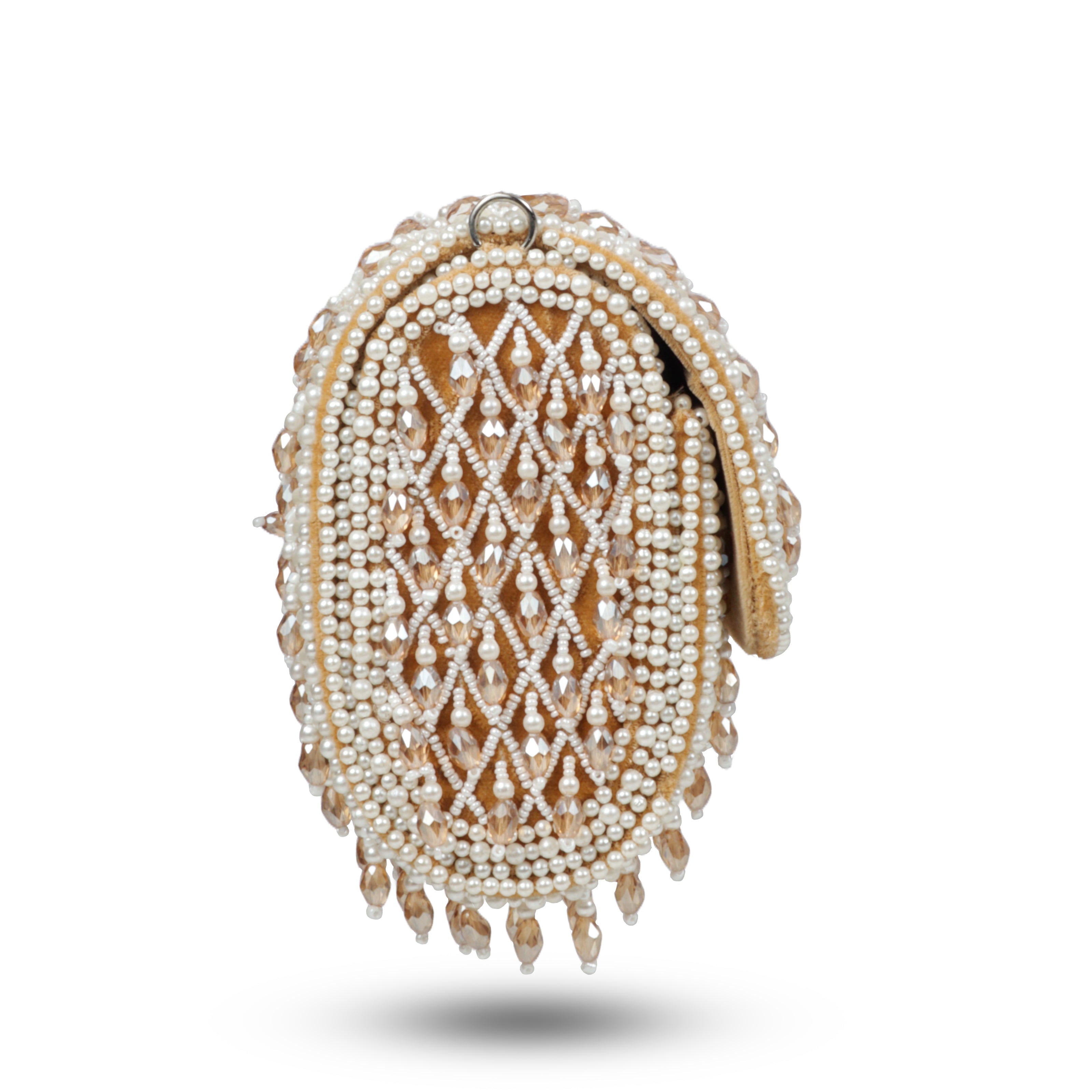Magnolia Luxe Champagne Beige Velvet Bridal & Party Clutch – Handcrafted Beaded Design, Detachable Handle, Spacious Interior