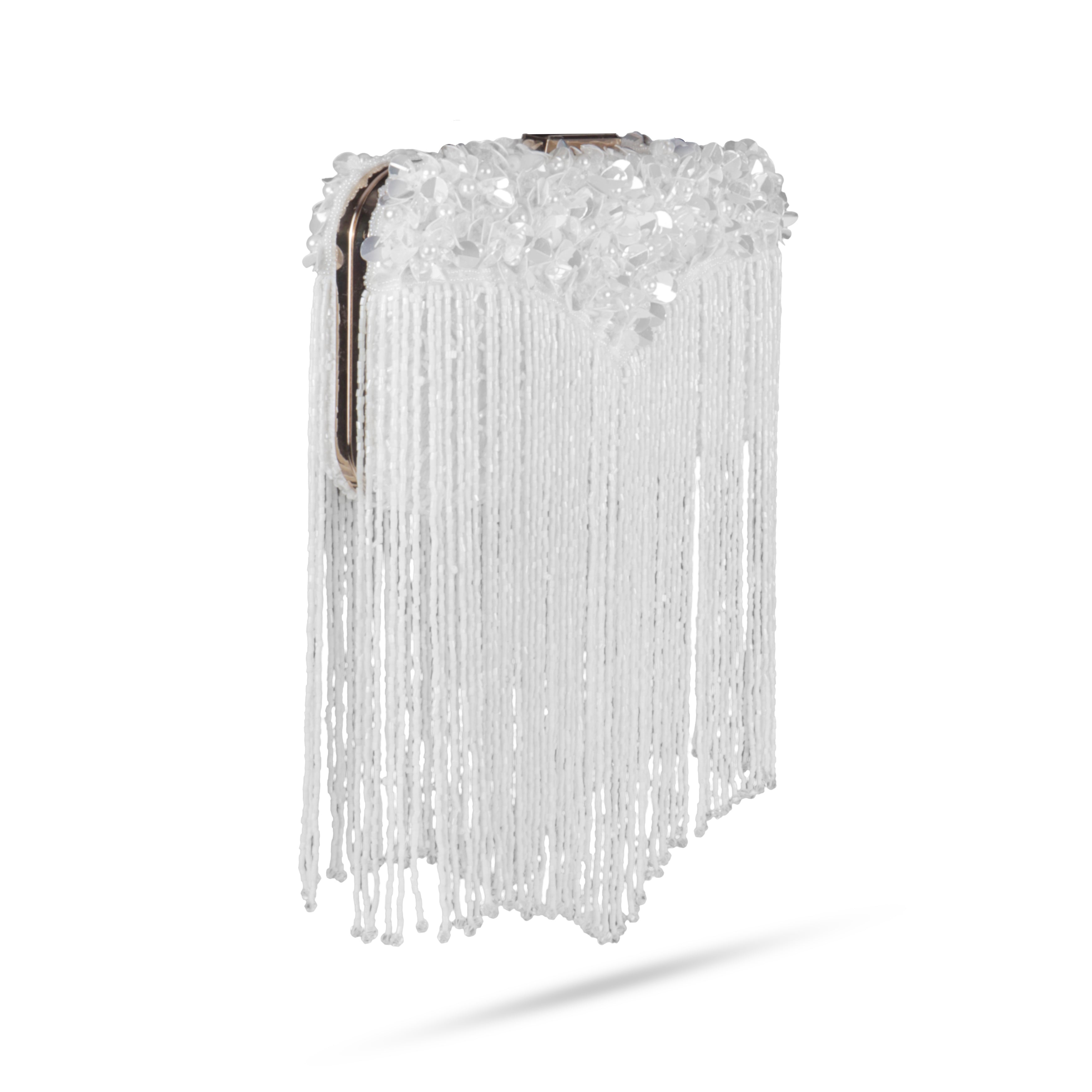 Magnolia-Luxe White Clutch with Embellished Fringe Detail