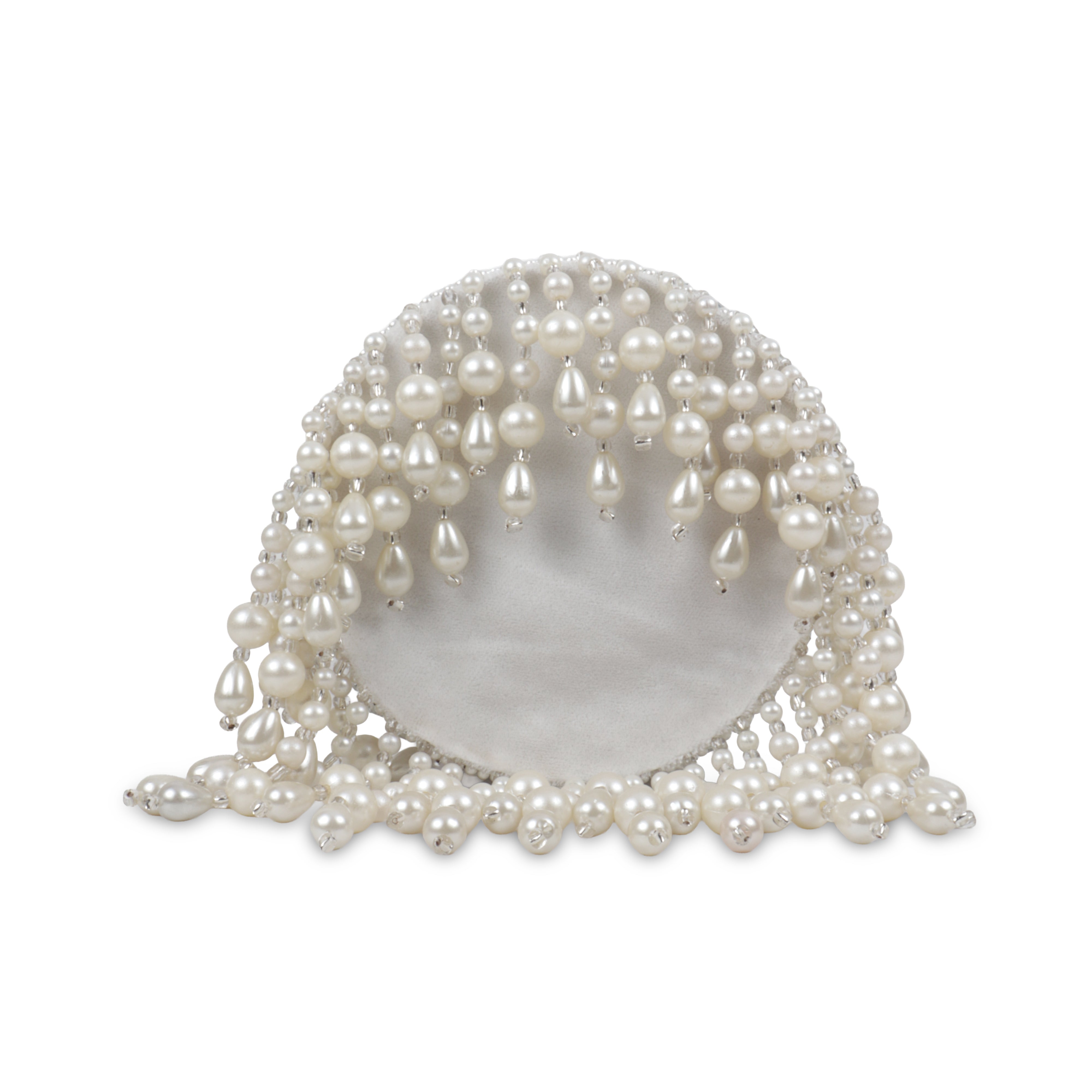 Magnolia Velvet Embroidered Potli Bag – White with Silver Embroidery & Pearl Detailing