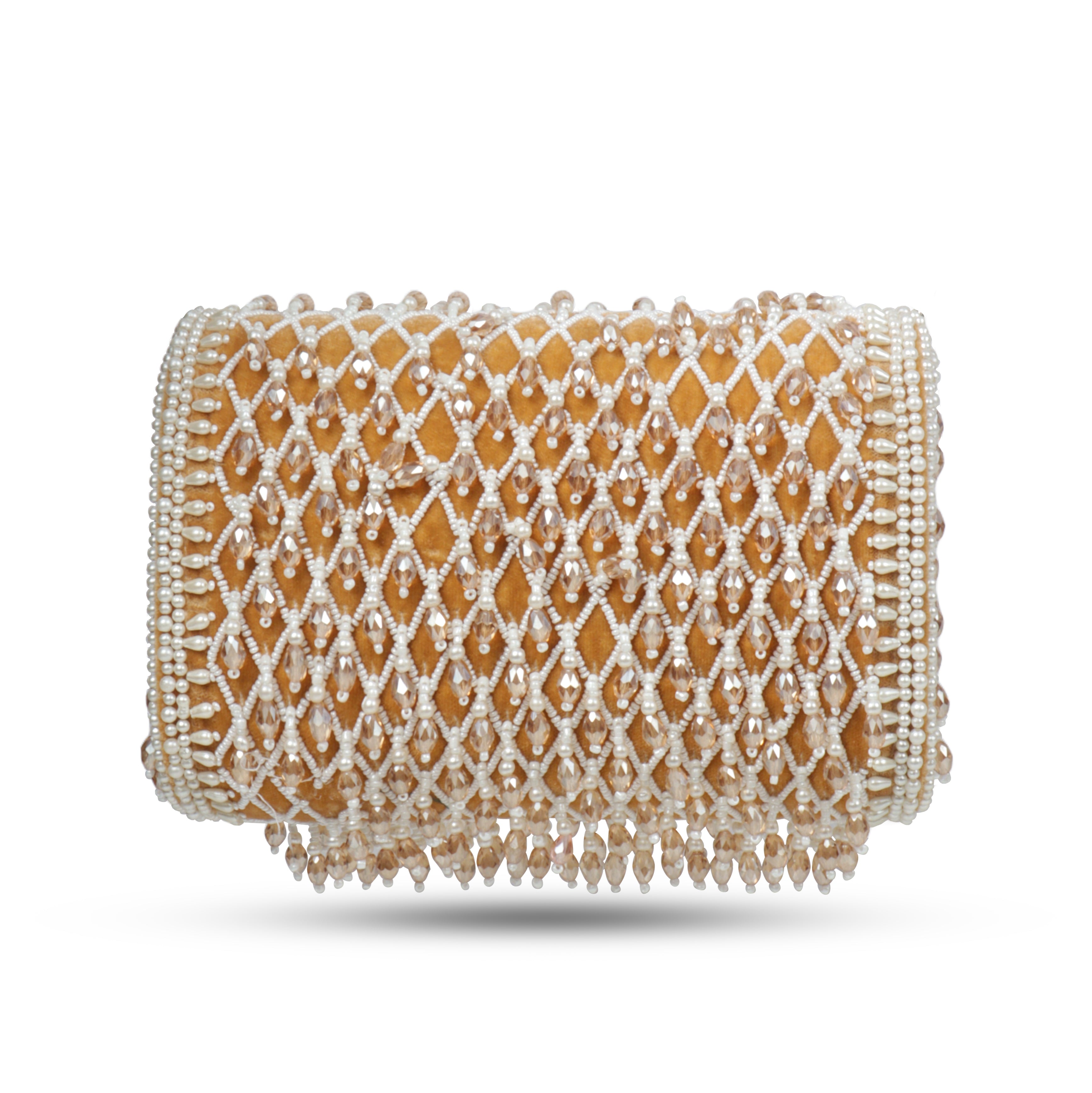 Magnolia Luxe Champagne Beige Velvet Bridal & Party Clutch – Handcrafted Beaded Design, Detachable Handle, Spacious Interior