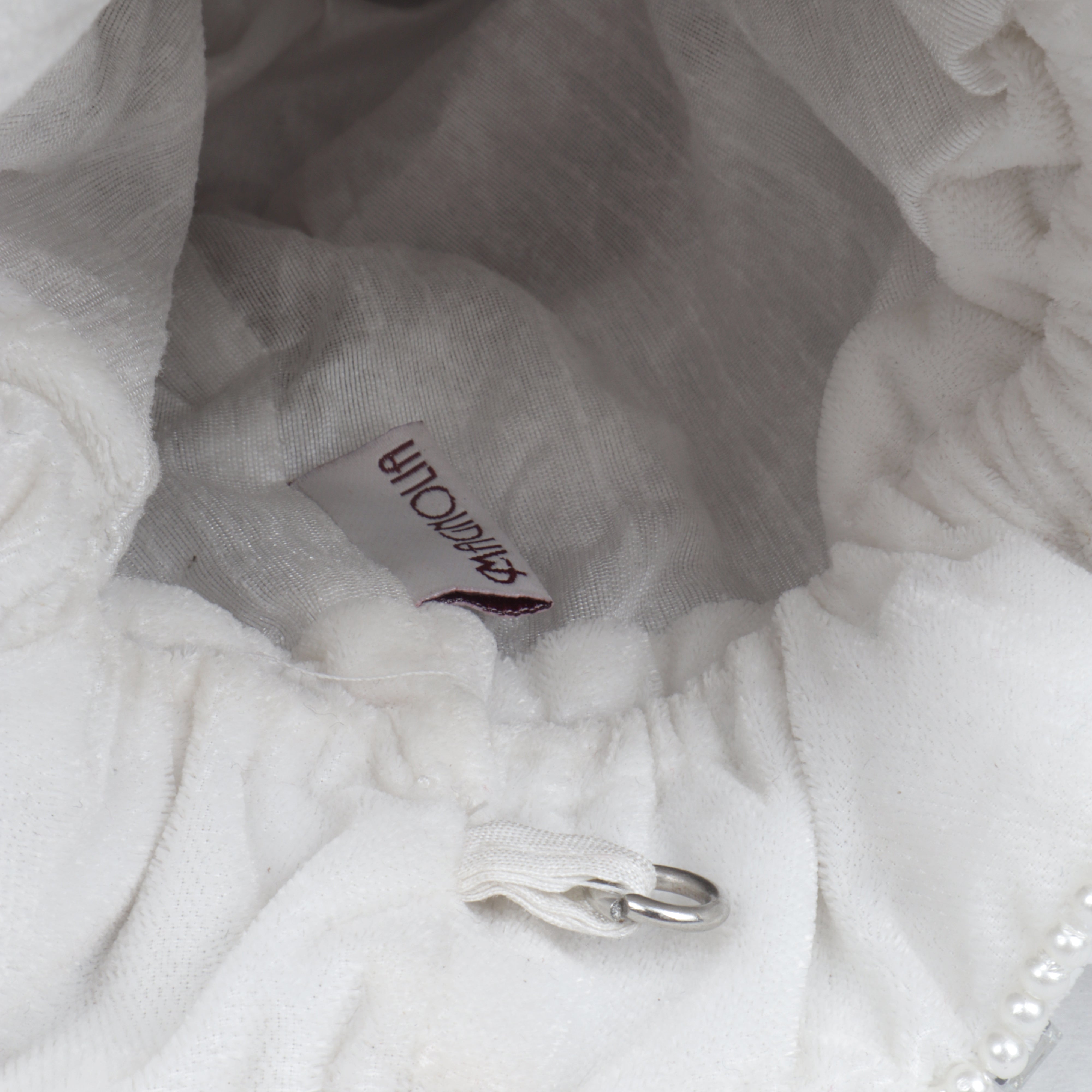 Magnolia Velvet Embroidered Potli Bag – White with Silver Embroidery & Pearl Detailing