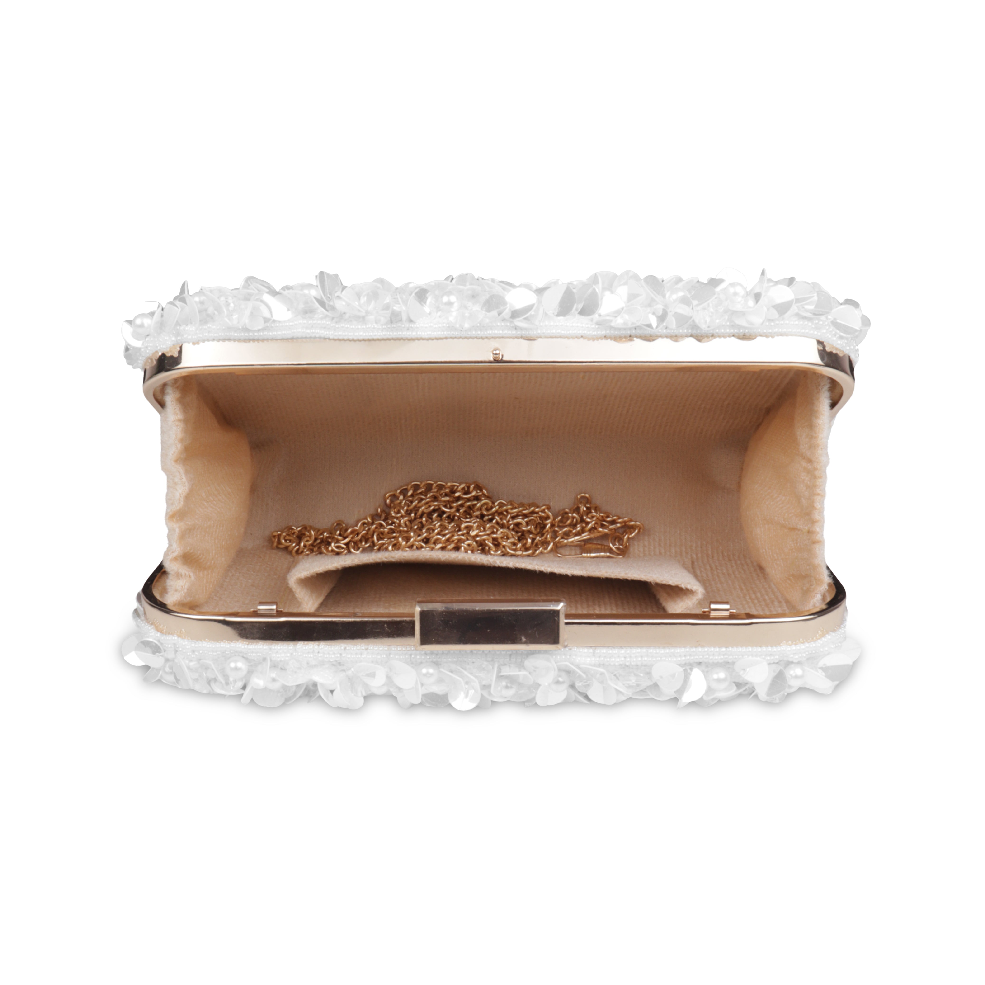 Magnolia-Luxe White Clutch with Embellished Fringe Detail