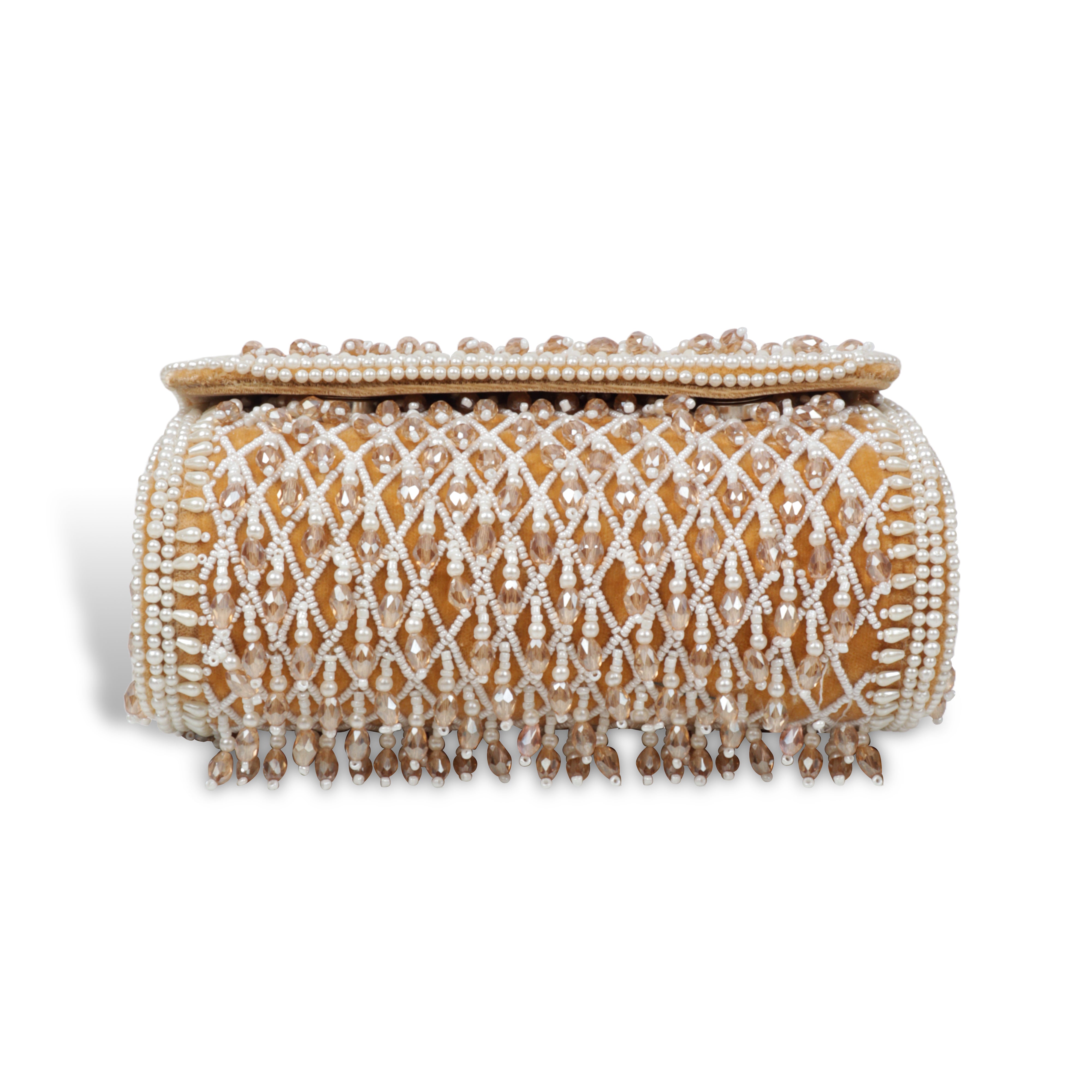 Magnolia Luxe Champagne Beige Velvet Bridal & Party Clutch – Handcrafted Beaded Design, Detachable Handle, Spacious Interior