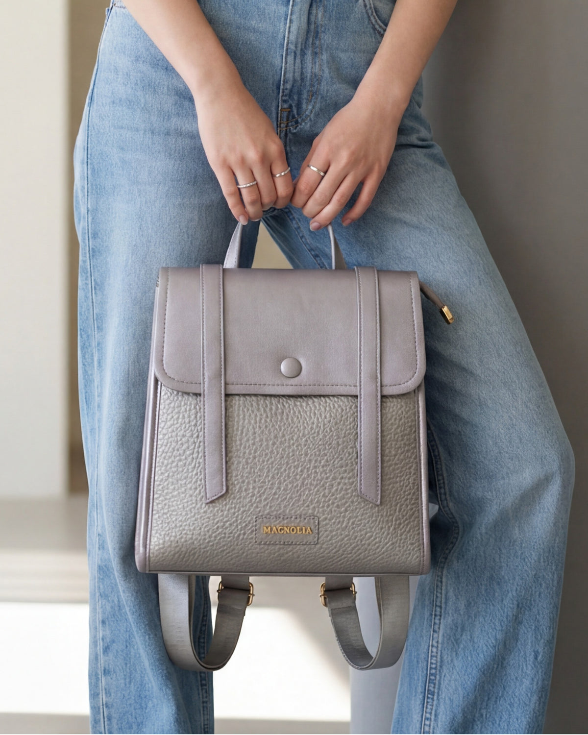 Magnolia Silver Vegan Leather Backpack for Women | 10.5L Stylish Casual Daypack with Long Strap
