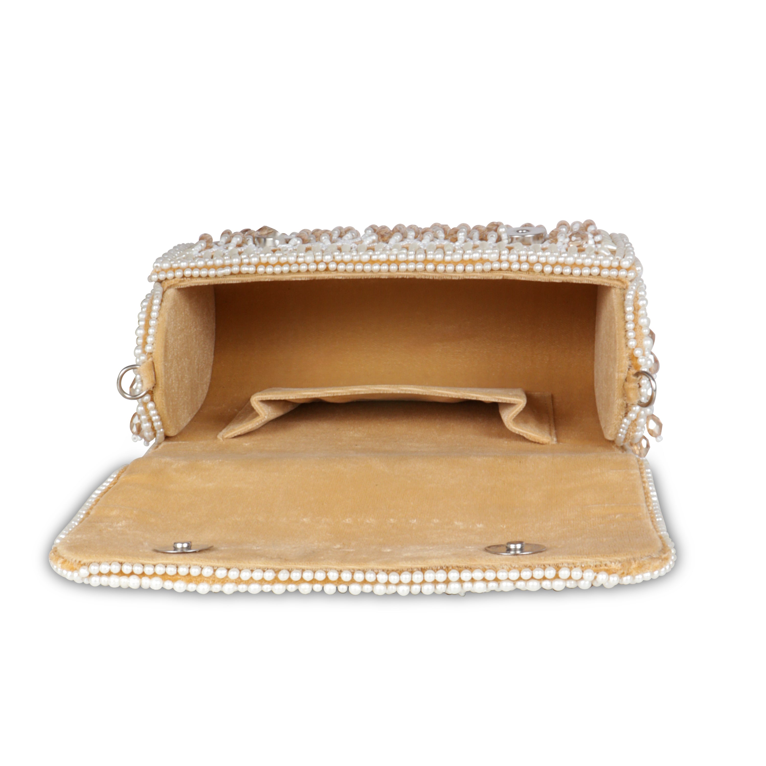 Magnolia Luxe Champagne Beige Velvet Bridal & Party Clutch – Handcrafted Beaded Design, Detachable Handle, Spacious Interior