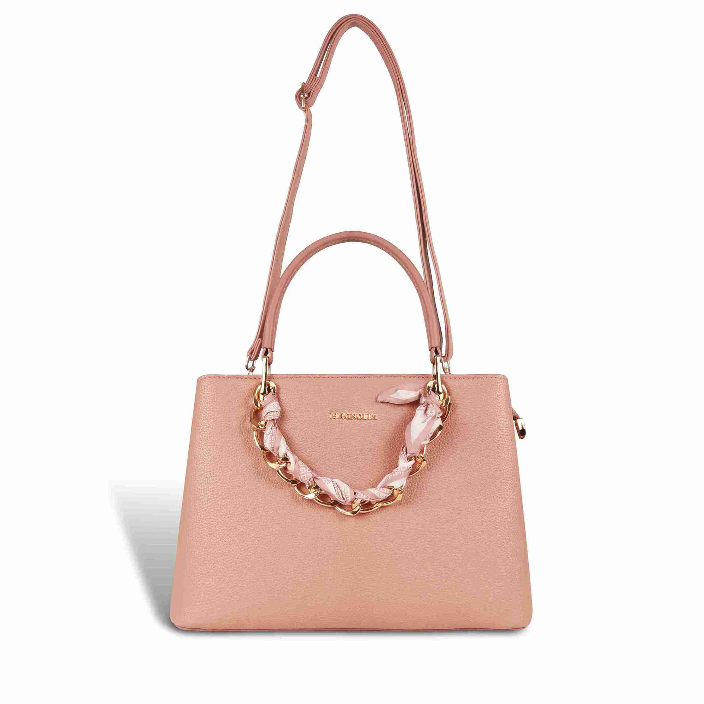 Magnolia Elegant Textured Handbag with Scarf Chain Handle – Blush Pink – Small Structured PU Leather Bag