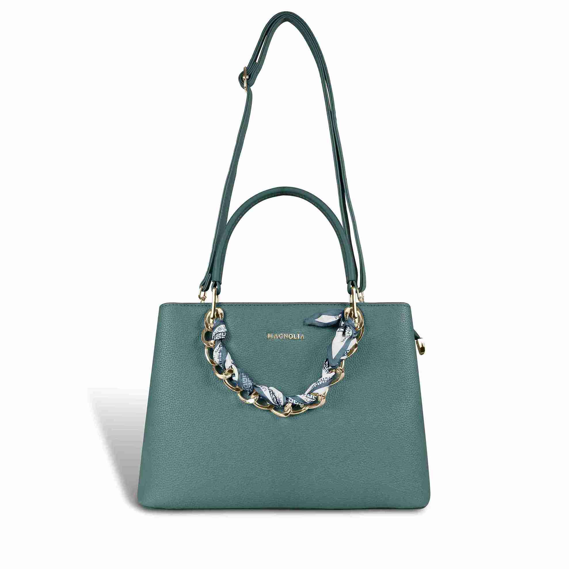 Magnolia Elegant Textured Handbag with Scarf Chain Handle – Teal Green – Small Structured PU Leather Bag
