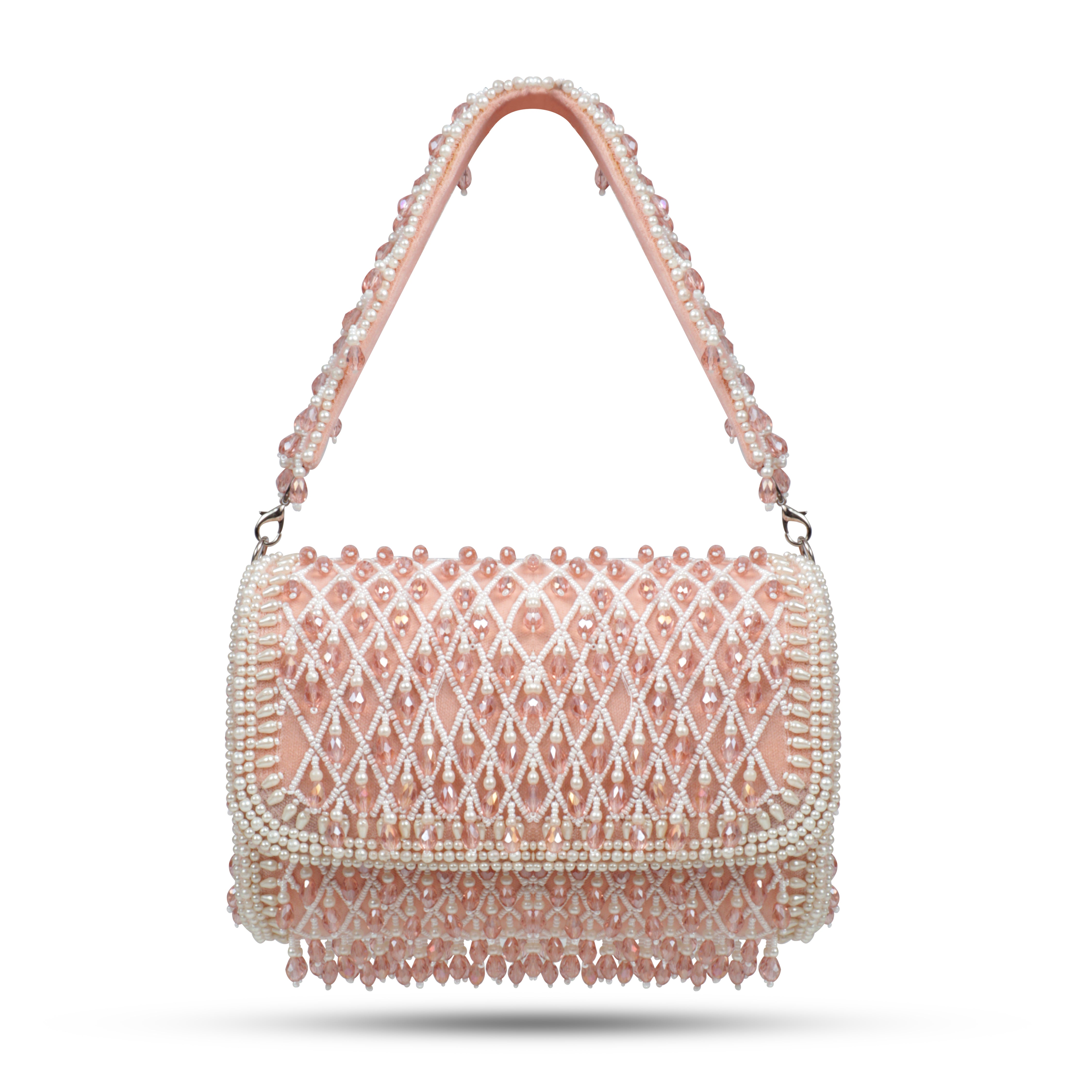 Magnolia Luxe Peach Pink Velvet Bridal & Party Clutch – Handcrafted Beaded Design, Detachable Handle, Spacious Interior