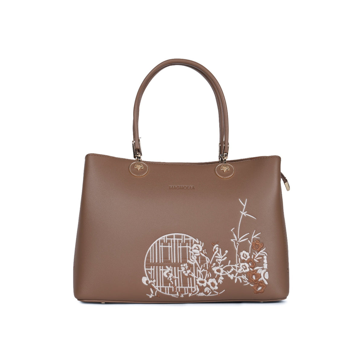 Magnolia Taupe PU Leather Embroidered One Size Women Tote