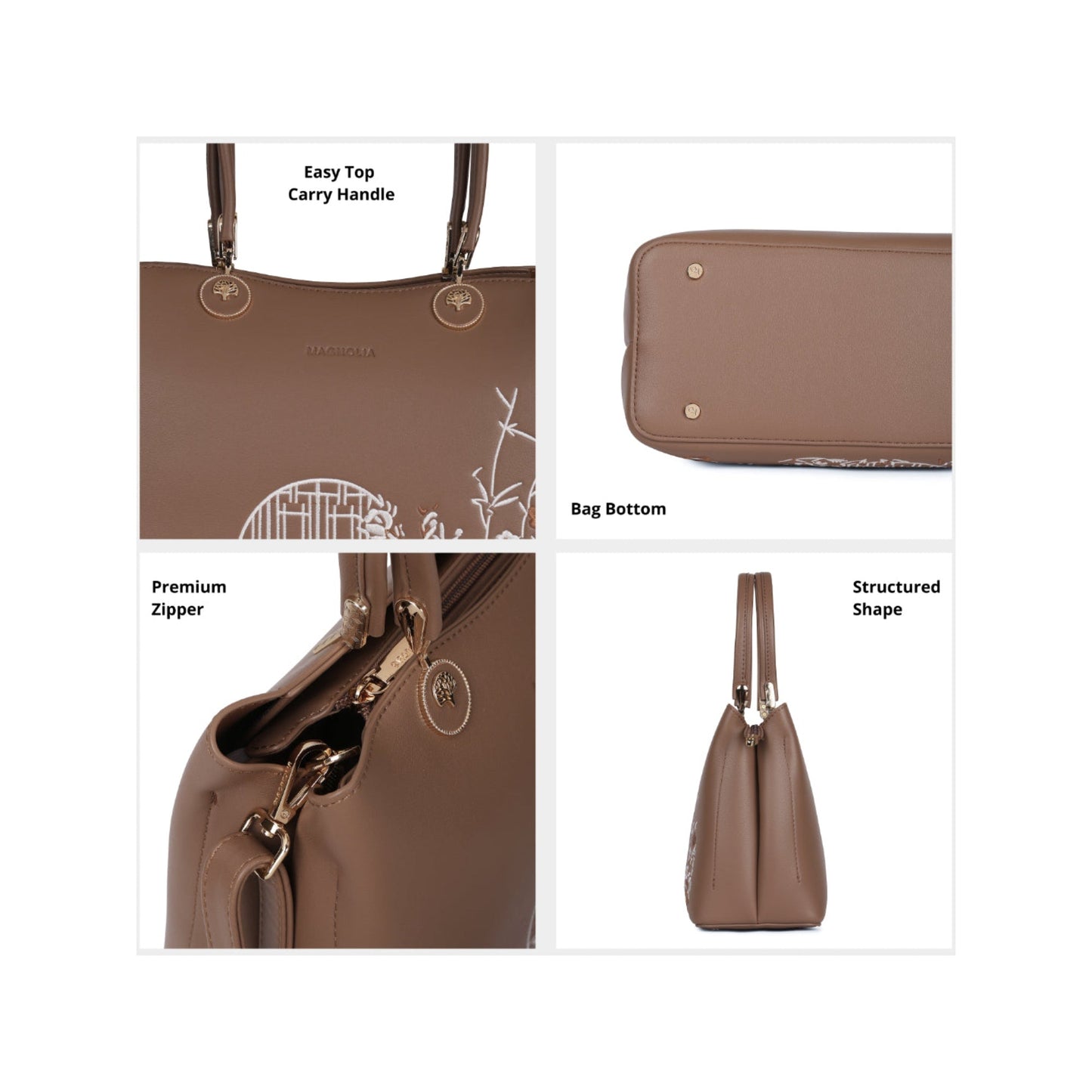 Magnolia Taupe PU Leather Embroidered One Size Women Tote