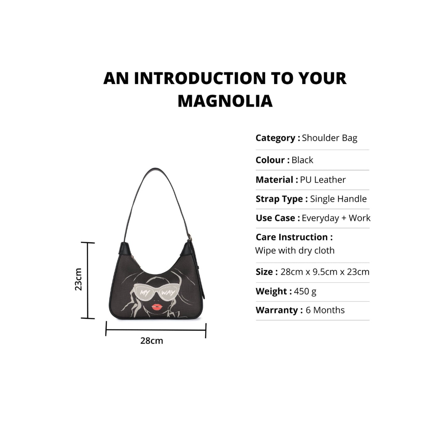 Magnolia Black PU Leather Printed One Size Women Shoulder Bag