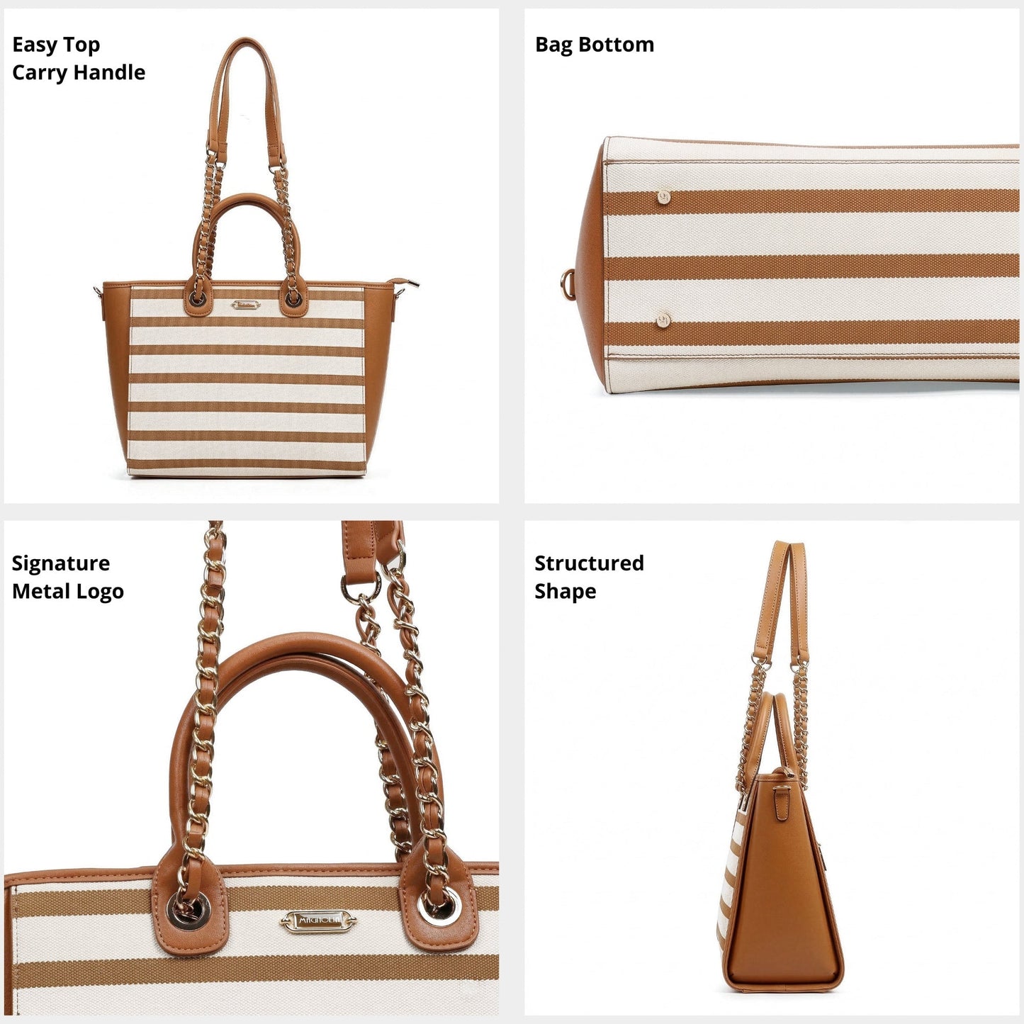 Magnolia PU Leather Women Striped Brown Tote Bag