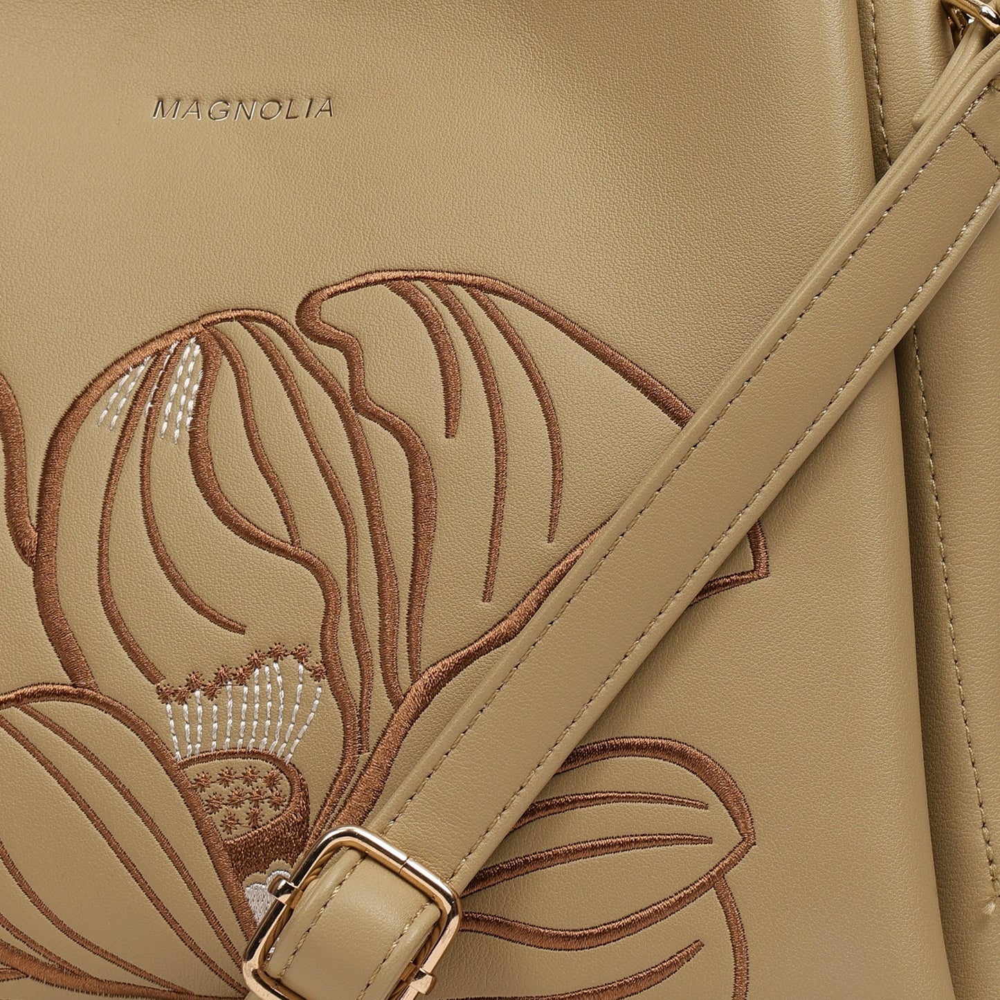 Magnolia PU Leather Women Embroidered Khaki Shoulder Bag